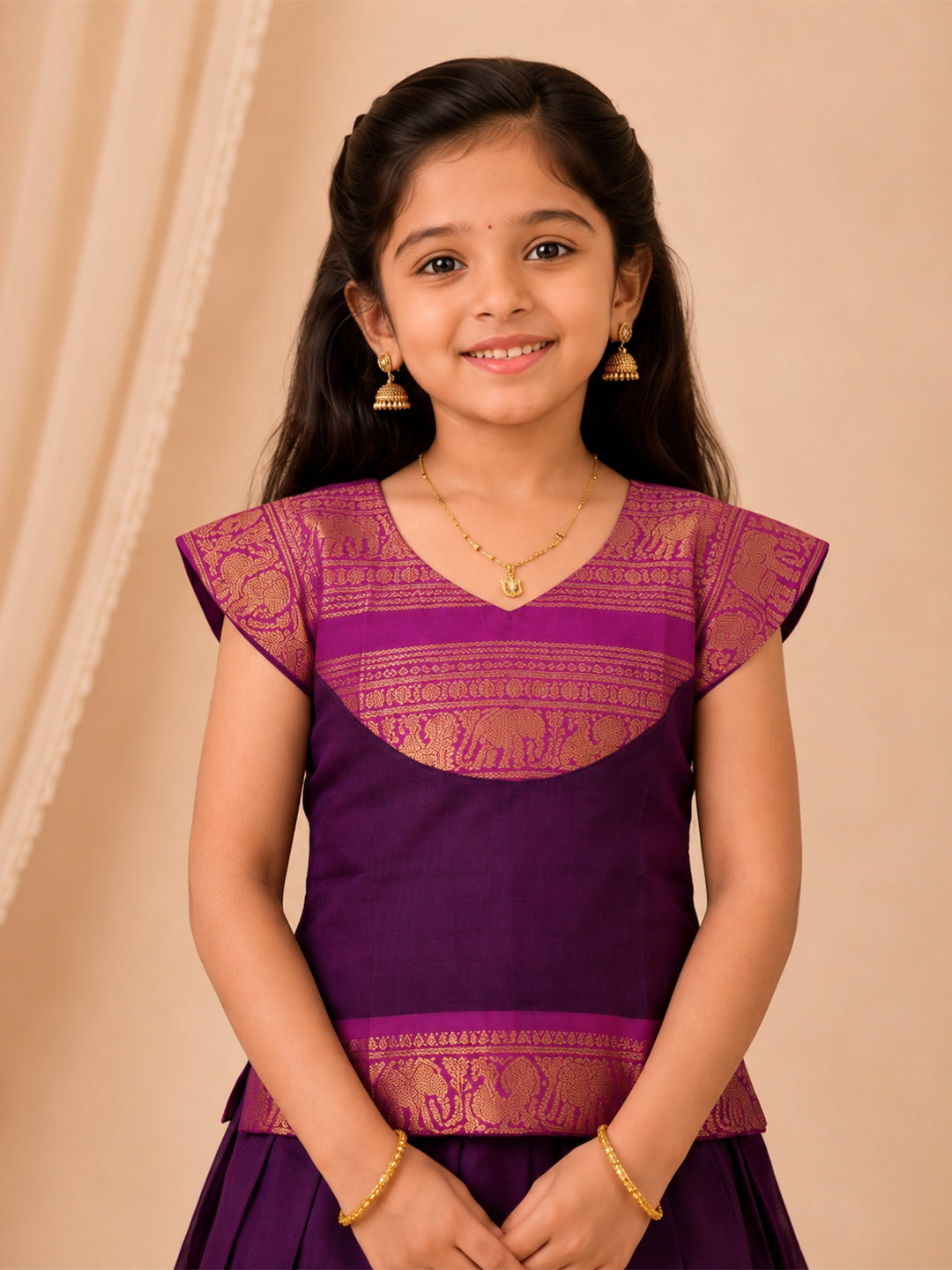 Girls Cotton Dark Purple Pattu Pavadai Set GPS57
