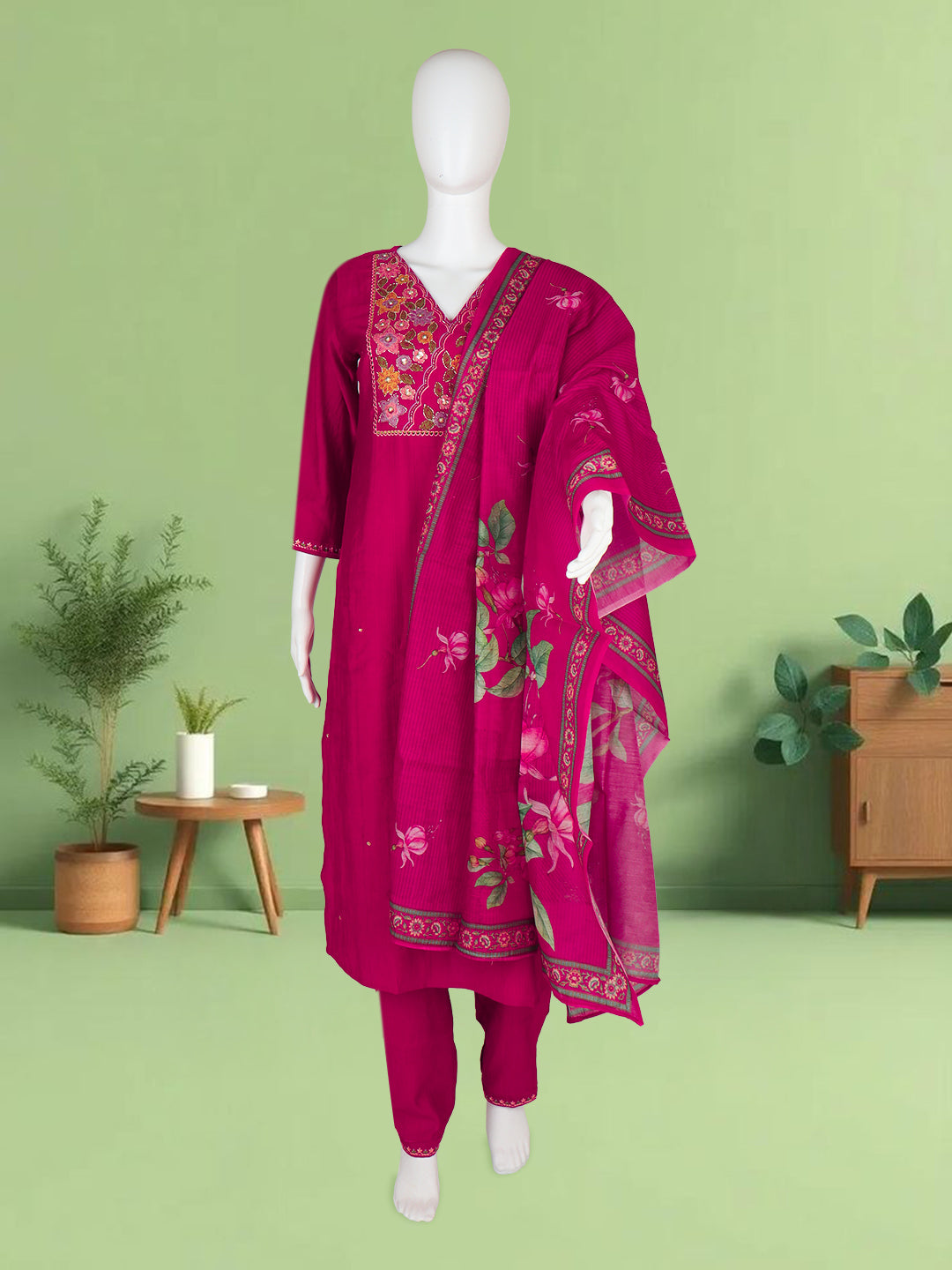 Women Silky Crush Embroidered Kurti Set Pink EKS85