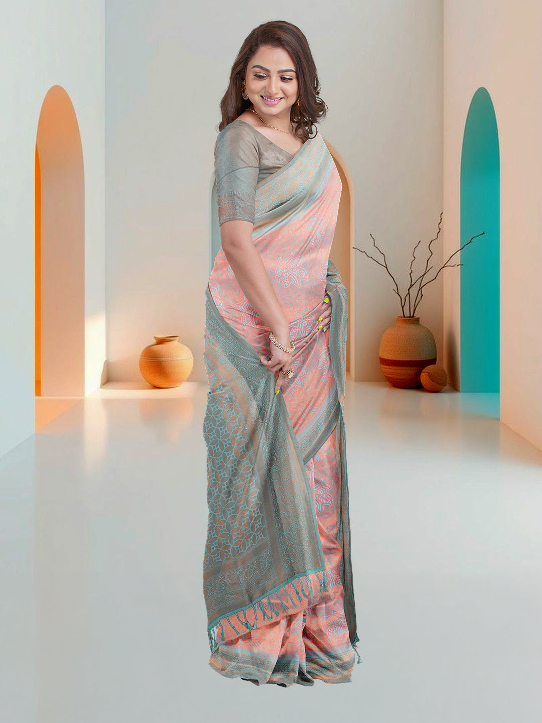 Women Light Pink Art Silk Printed Saree ASS58