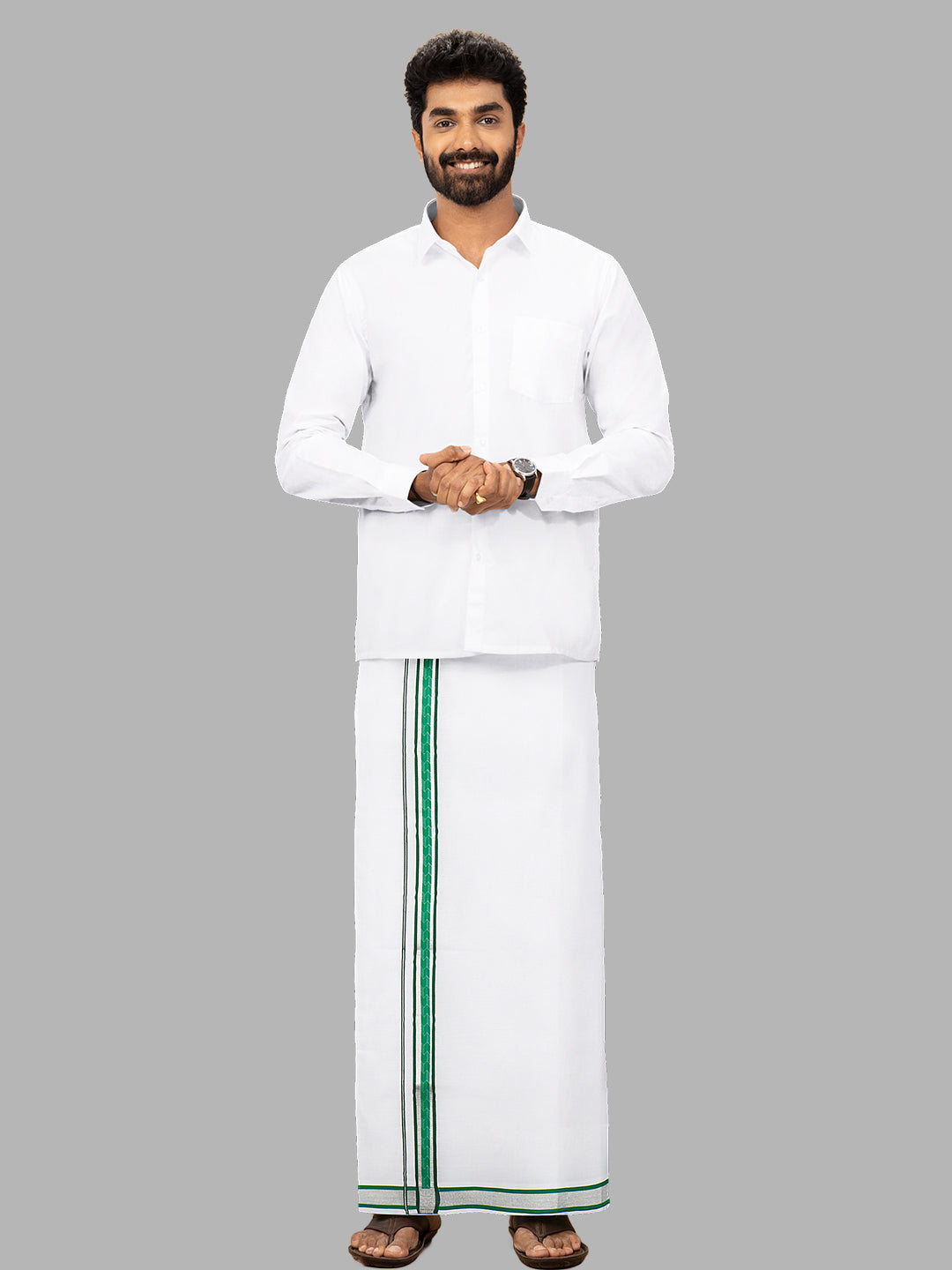 Men Green Fancy Jari Border Single Layer White Dhoti LW01