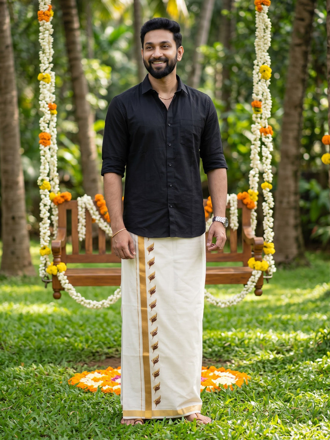 Double Layer Cotton Cream Dhoti with Colour Jari Border - GCC02