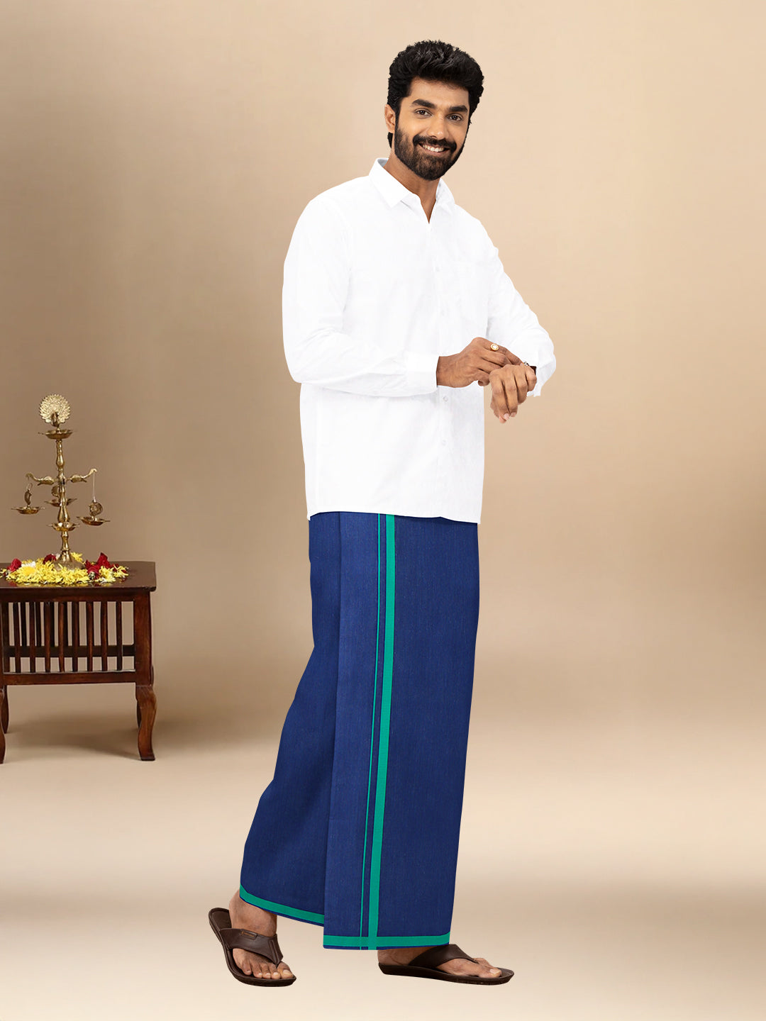 Men Cotton Blend Single Layer Blue Dhoti with Assorted Border Shivam