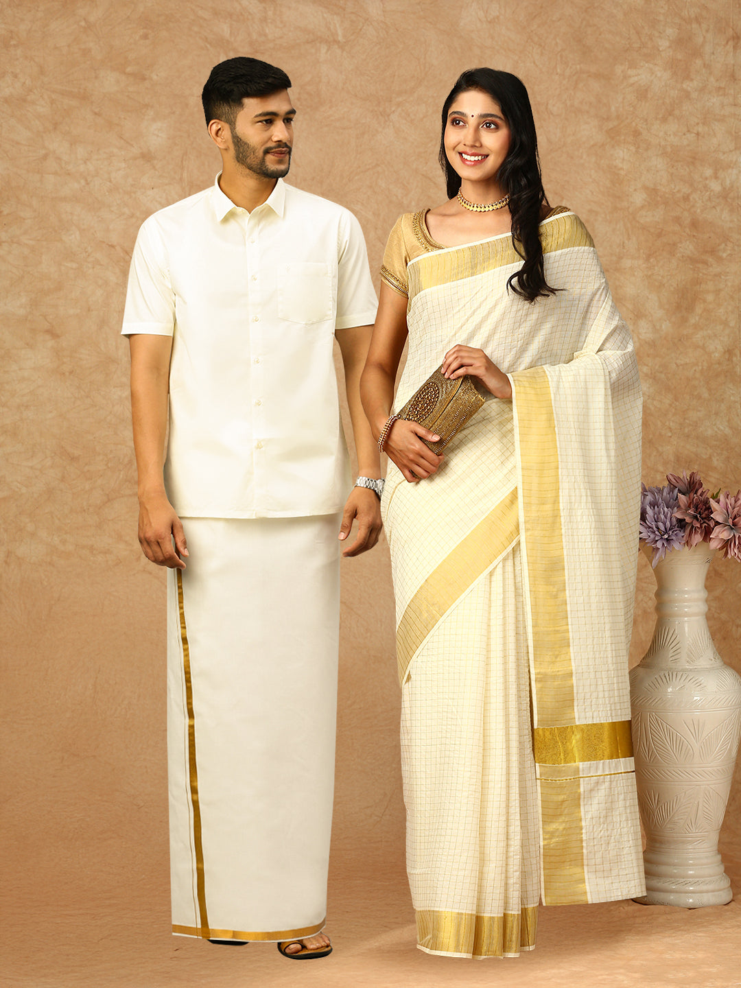Couple Combo Half Sleeves Shirt & Dhoti Set with Saree Cream KS139