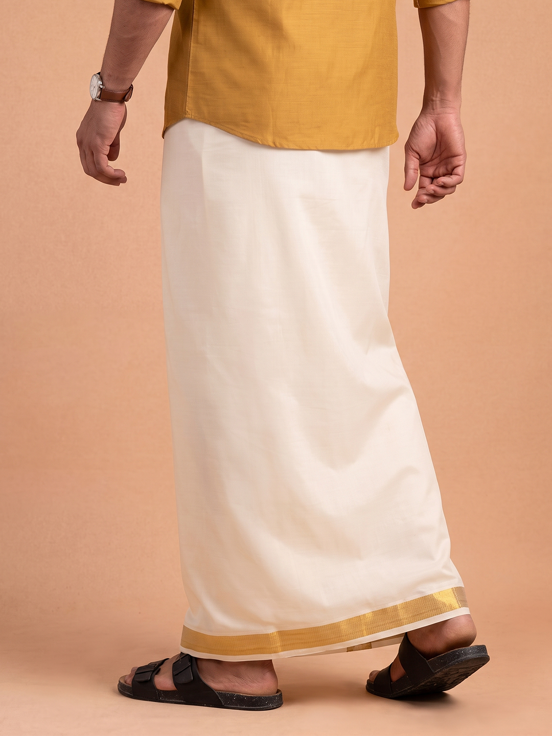 Double Layer Cotton Cream Kora Dhoti With Gold Jari Border - HF Gold HFG08