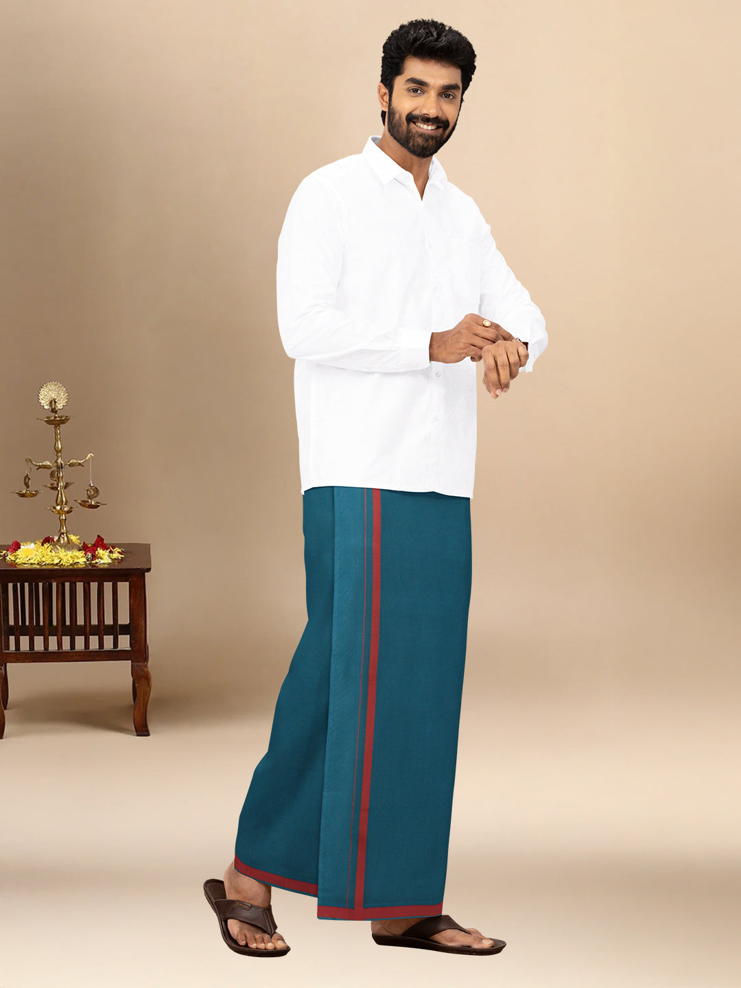 Men 100% Cotton Single Layer Teal Blue Dhoti with Big Border Poojan