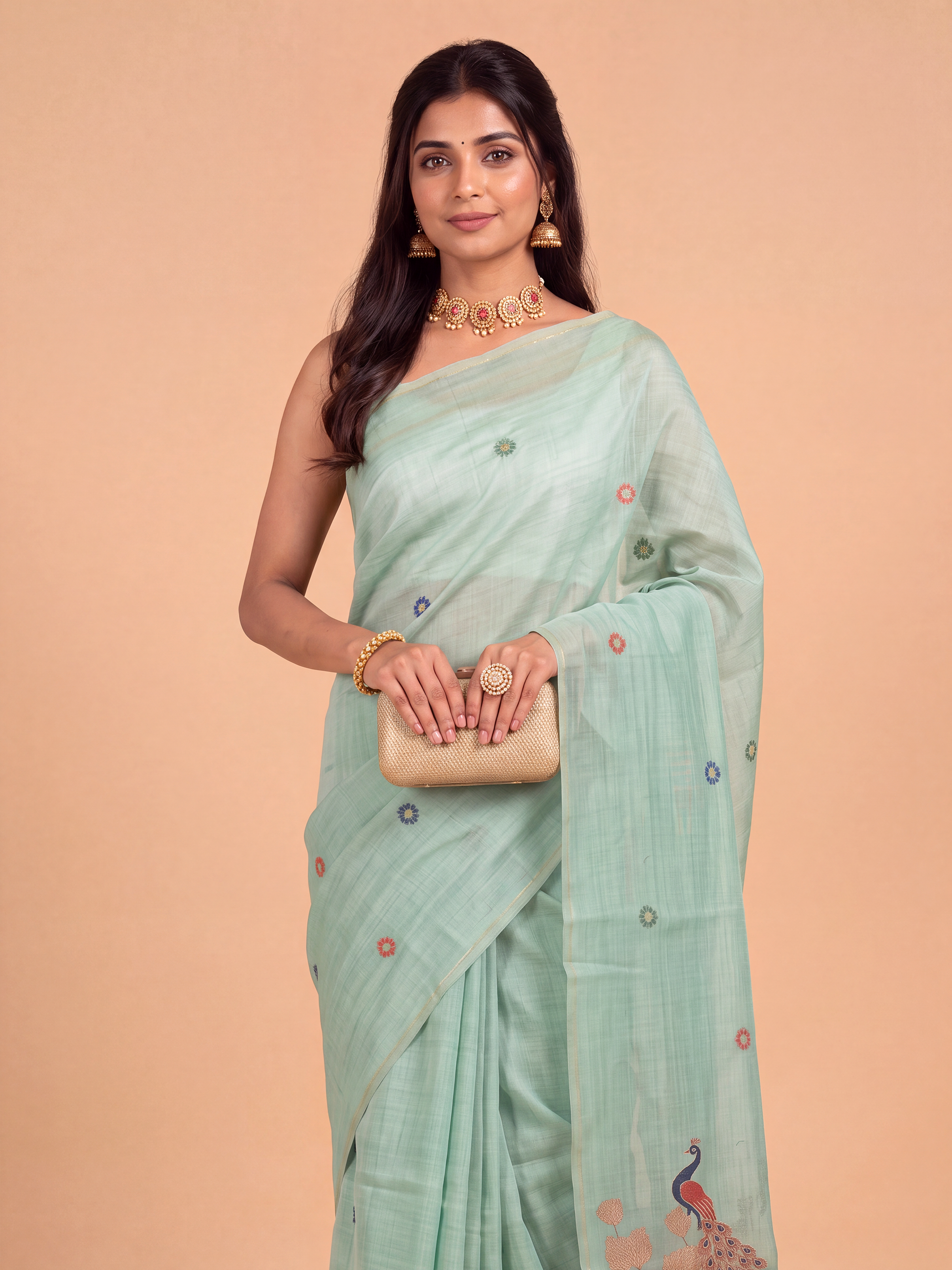 Women Mint Green Spun Poly Printed Saree SP11