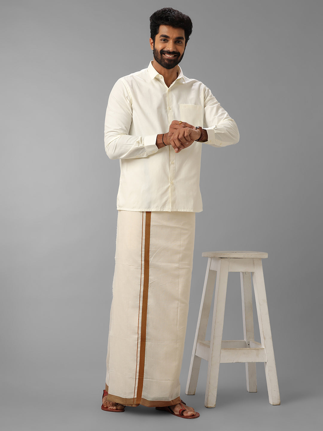 Men Mustard Border Double Layer Kora Dhoti VKS02