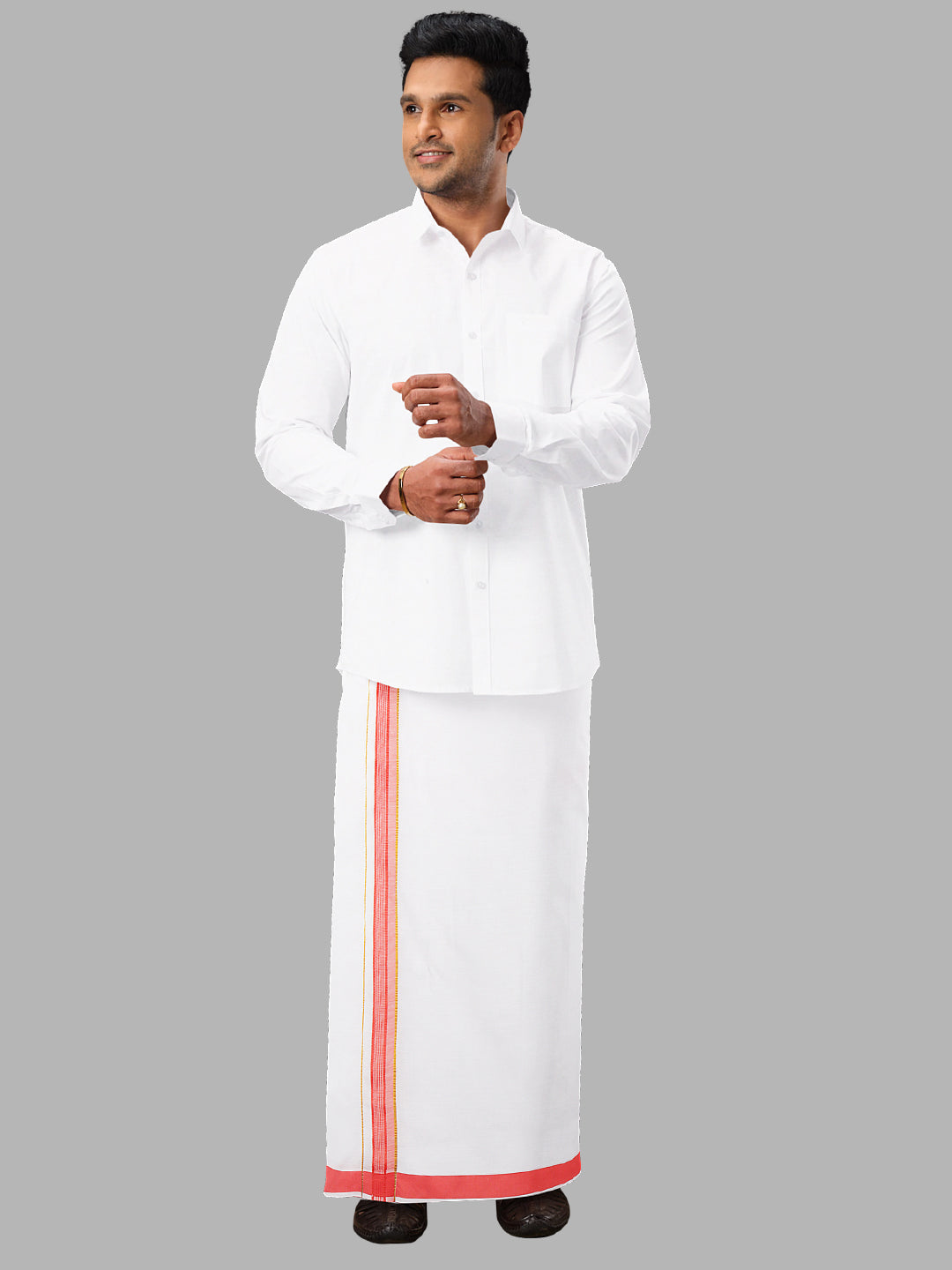 Men Pink Adjustable Pocket Dhoti with Fancy Border GACJ29