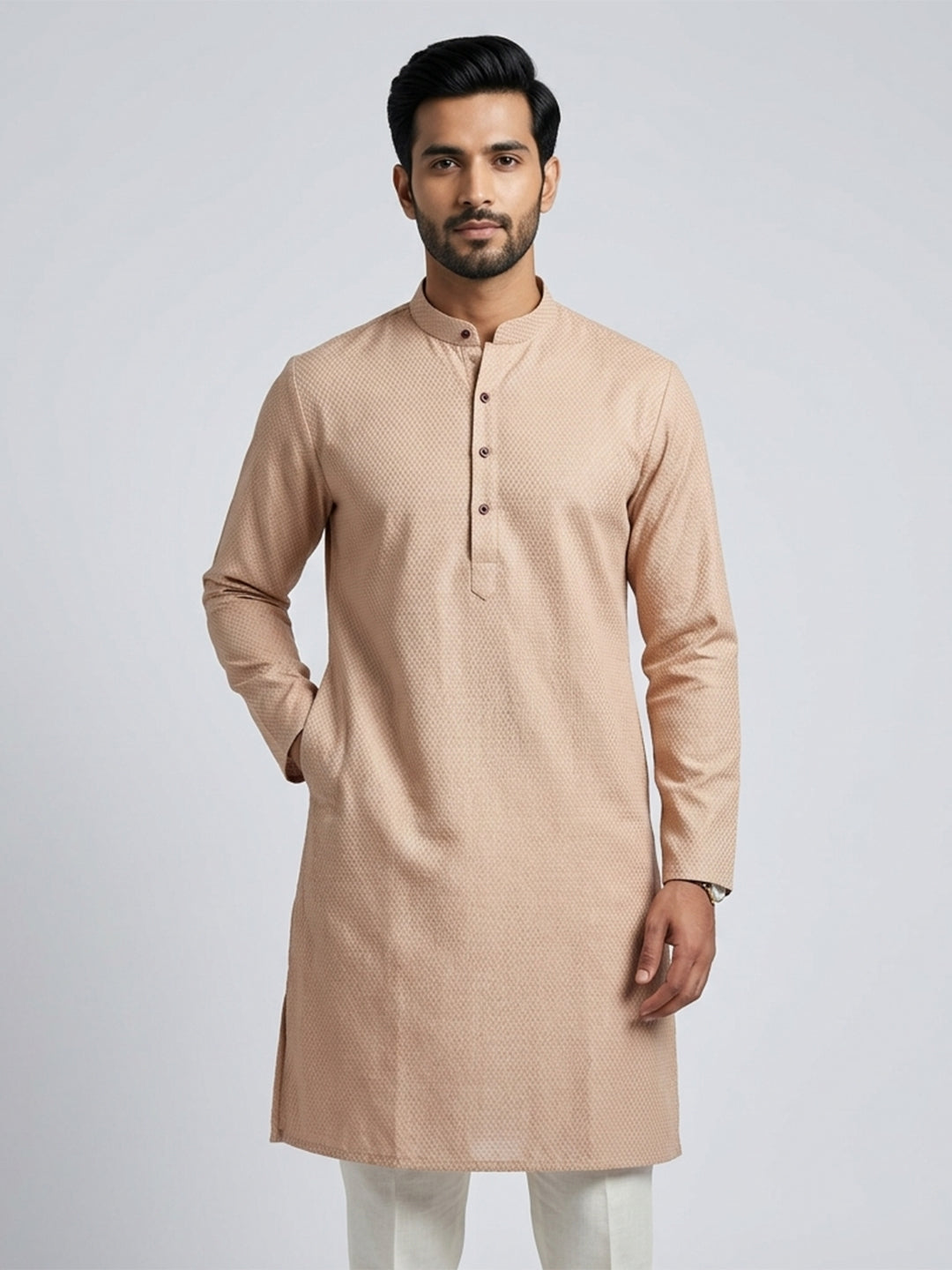 Men Cotton Medium Length Printed Pocket Kurta Light Purple MHJ1