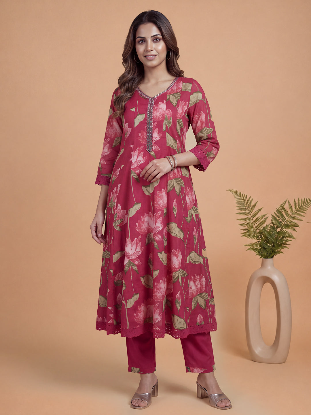 Women Printed & Embroidered Dark Pink Kurti Set EKS148