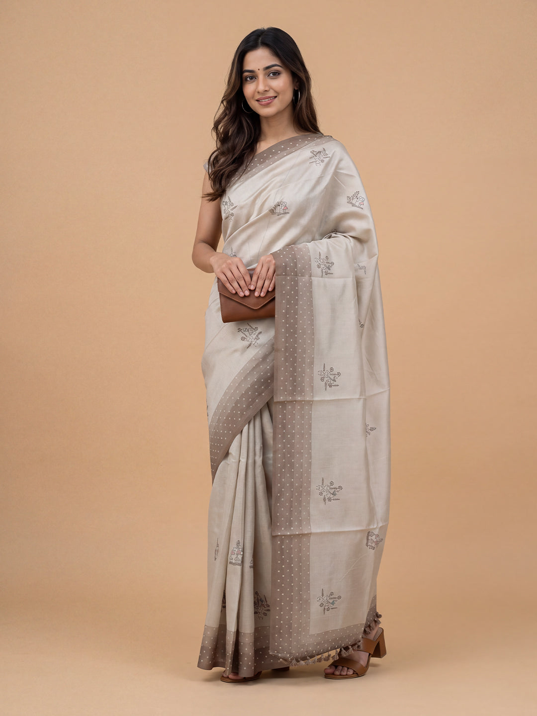 Women Semi Linen Brown Embroidered Saree SL267