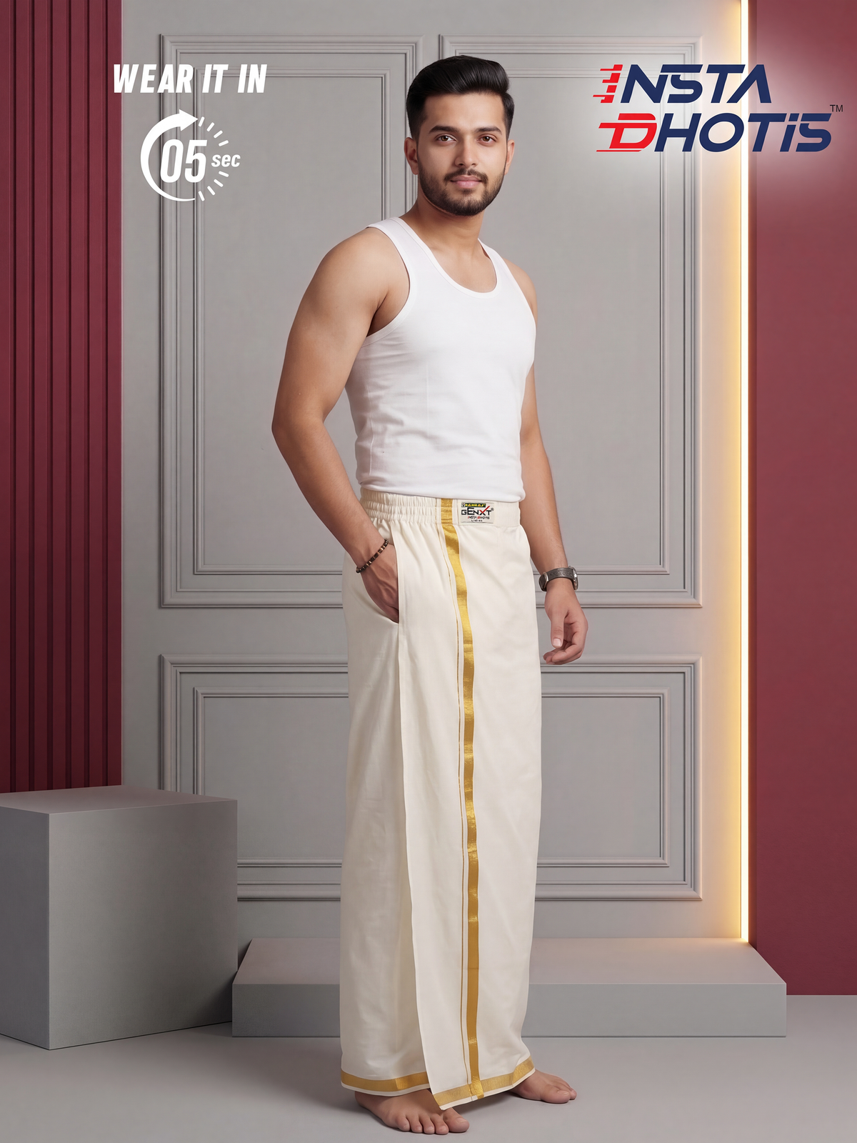 Ramraj Genxt Insta Dhoti for Men - Cream | Ready-to-Wear Dhoti in 5 Seconds