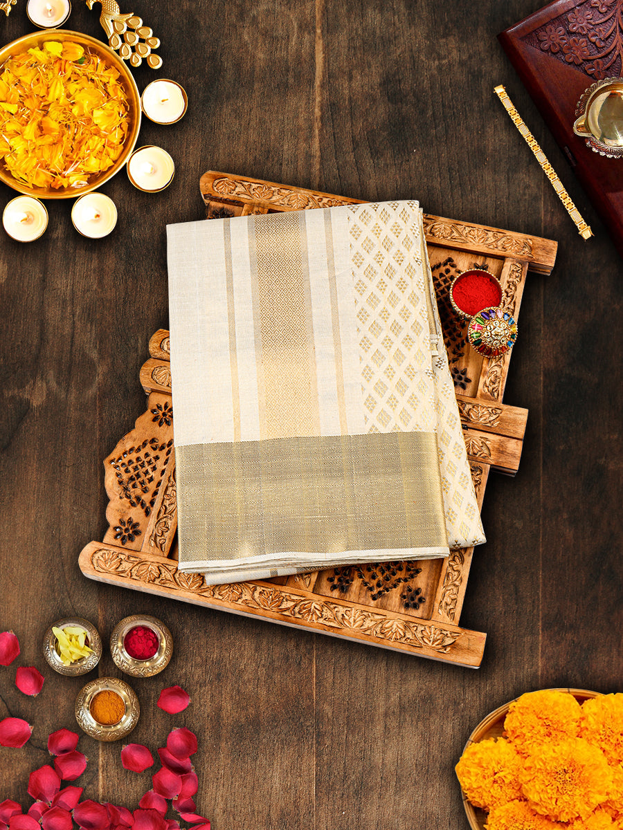 Premium Pure Silk Cream Diamond Design Tissue Jaquard Dhoti With Angavastram 4" Jari Border Agarshanaa