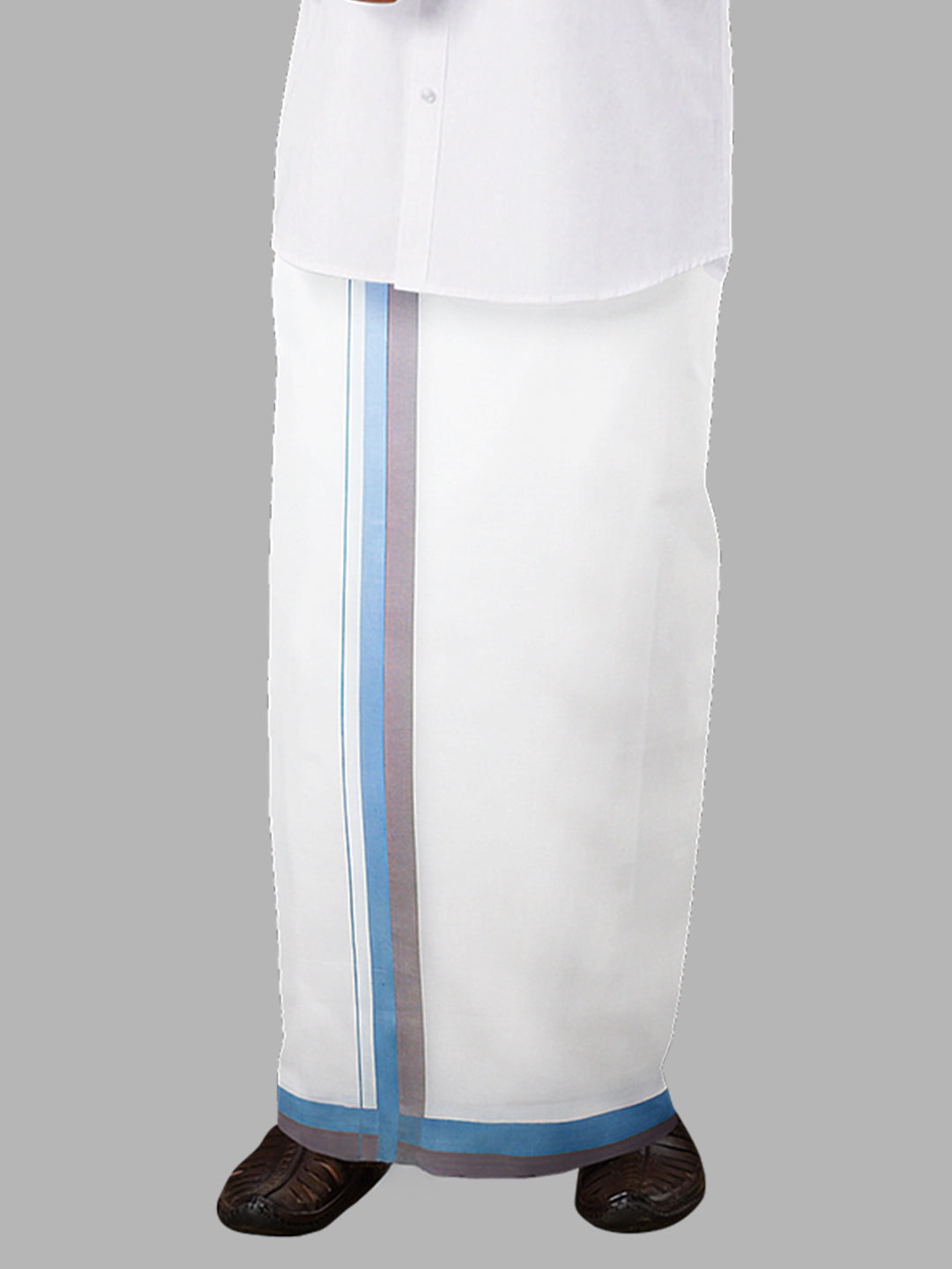 Men Blue Fancy Border Double Layer White Dhoti PMF2