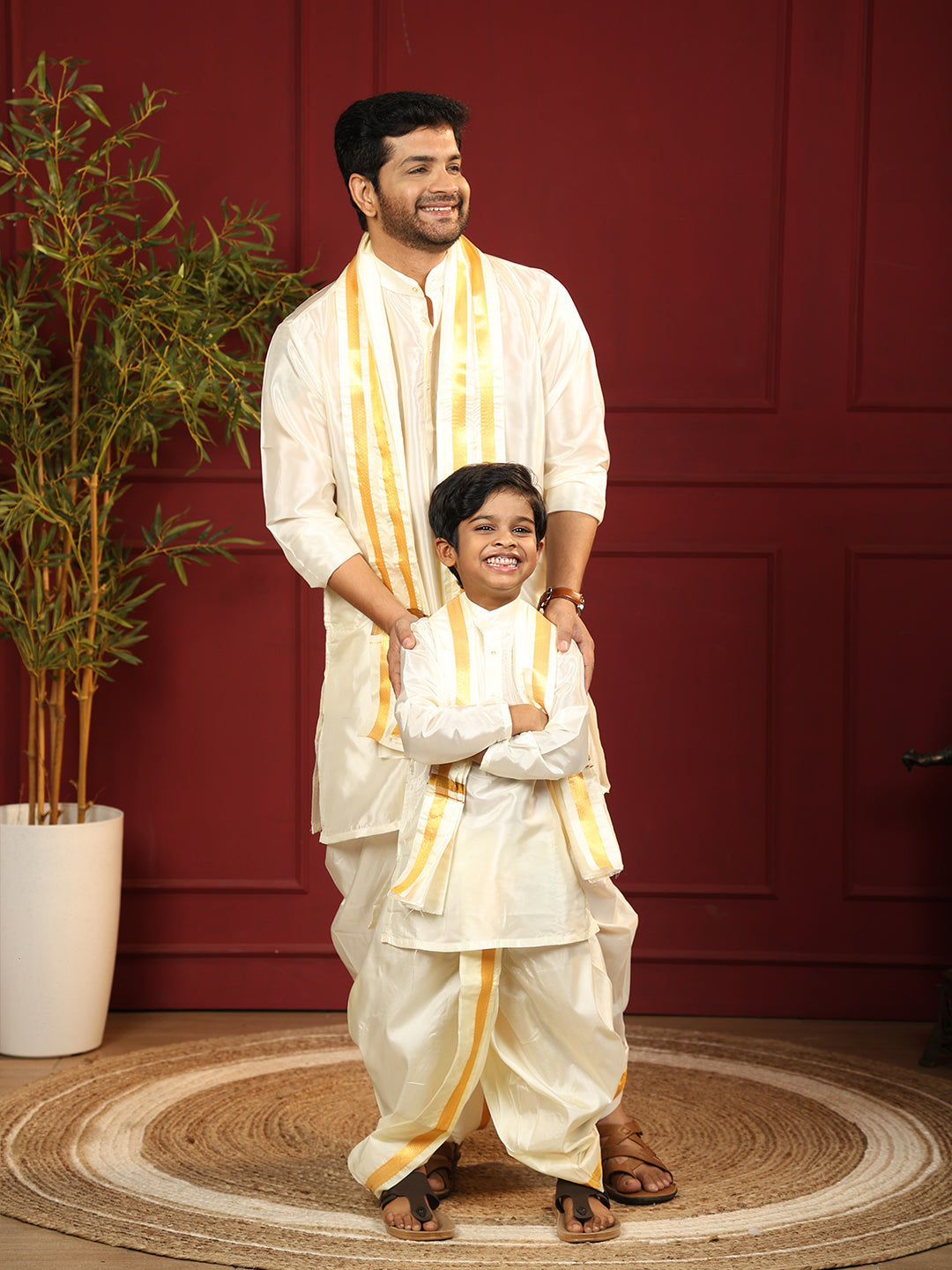 Like Father Like Son Cream Kurta Panchakacham & Towel Set