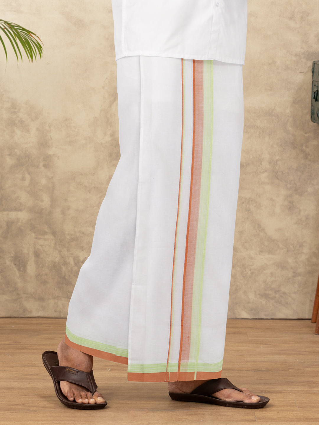 Men Cotton Blend Double Layer White Dhoti with Fancy Border Panchami Fancy PMF14