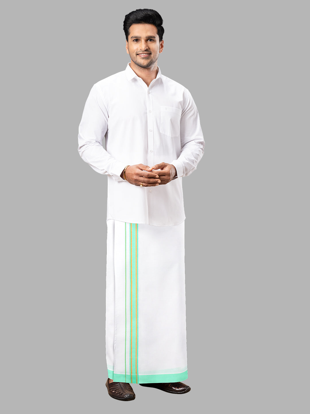 Men White with Green Fancy Border Readymade Pocket Single Layer Dhoti GACJ30