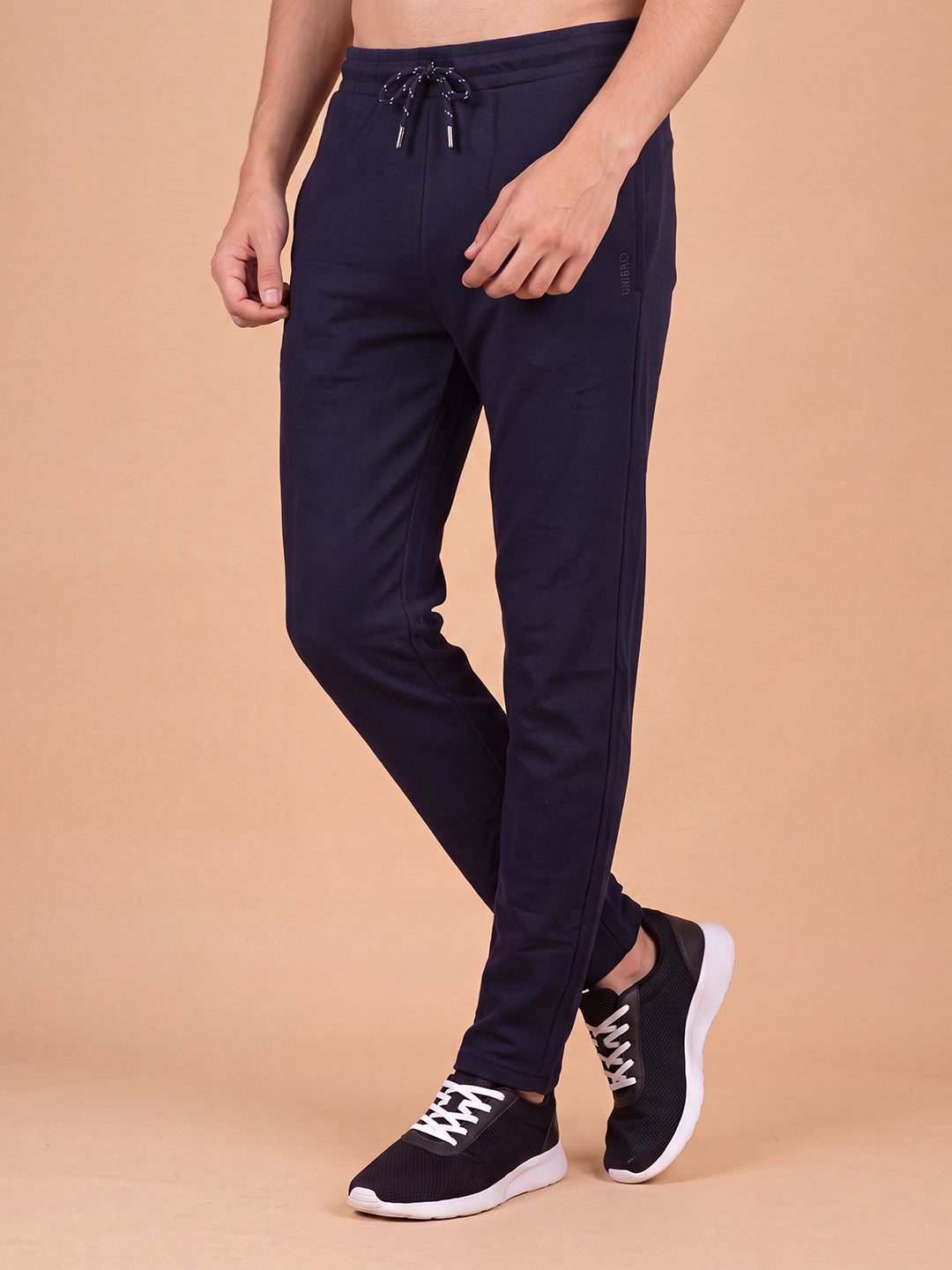 Cotton Rich Popcorn Structured Fabric Navy Track Pants PTK1