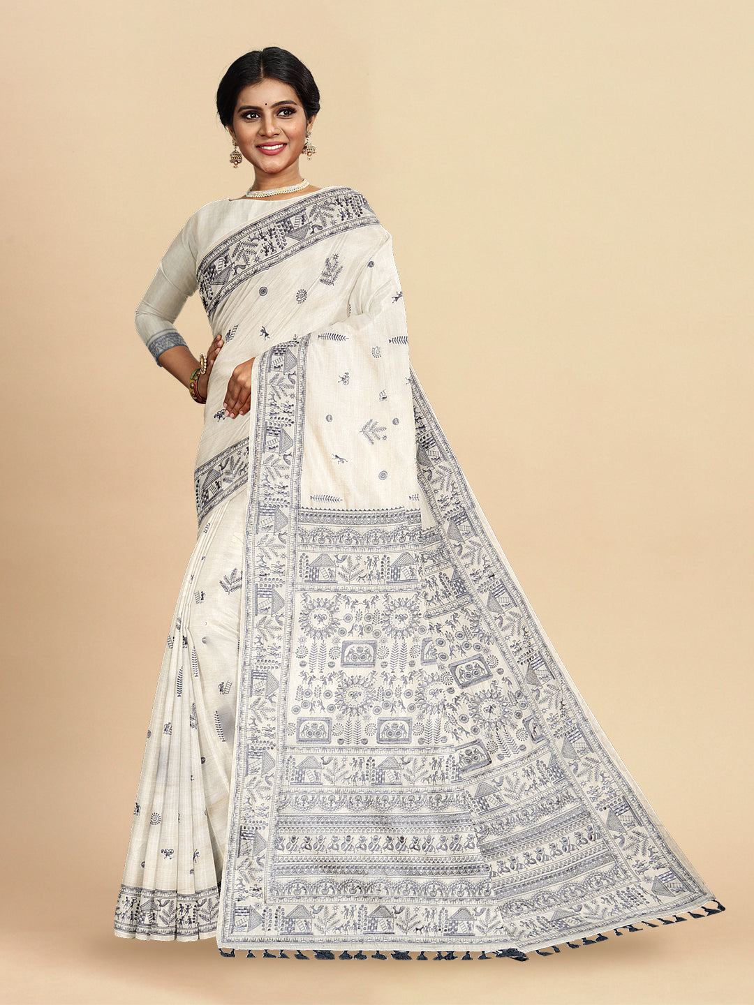 Womens Elegant Semi Tussar Off White With Ash Colour Embroidery Saree ST112