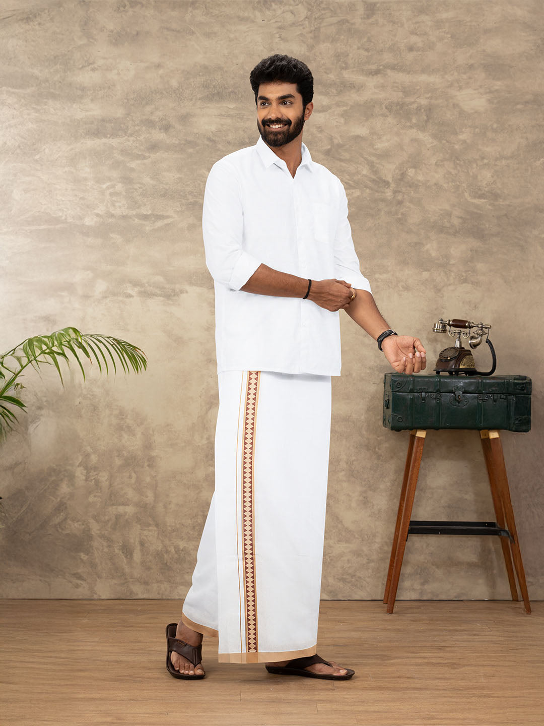 Men Cotton Blend Single Layer White Dhoti with Double Side Fancy Border HM 10