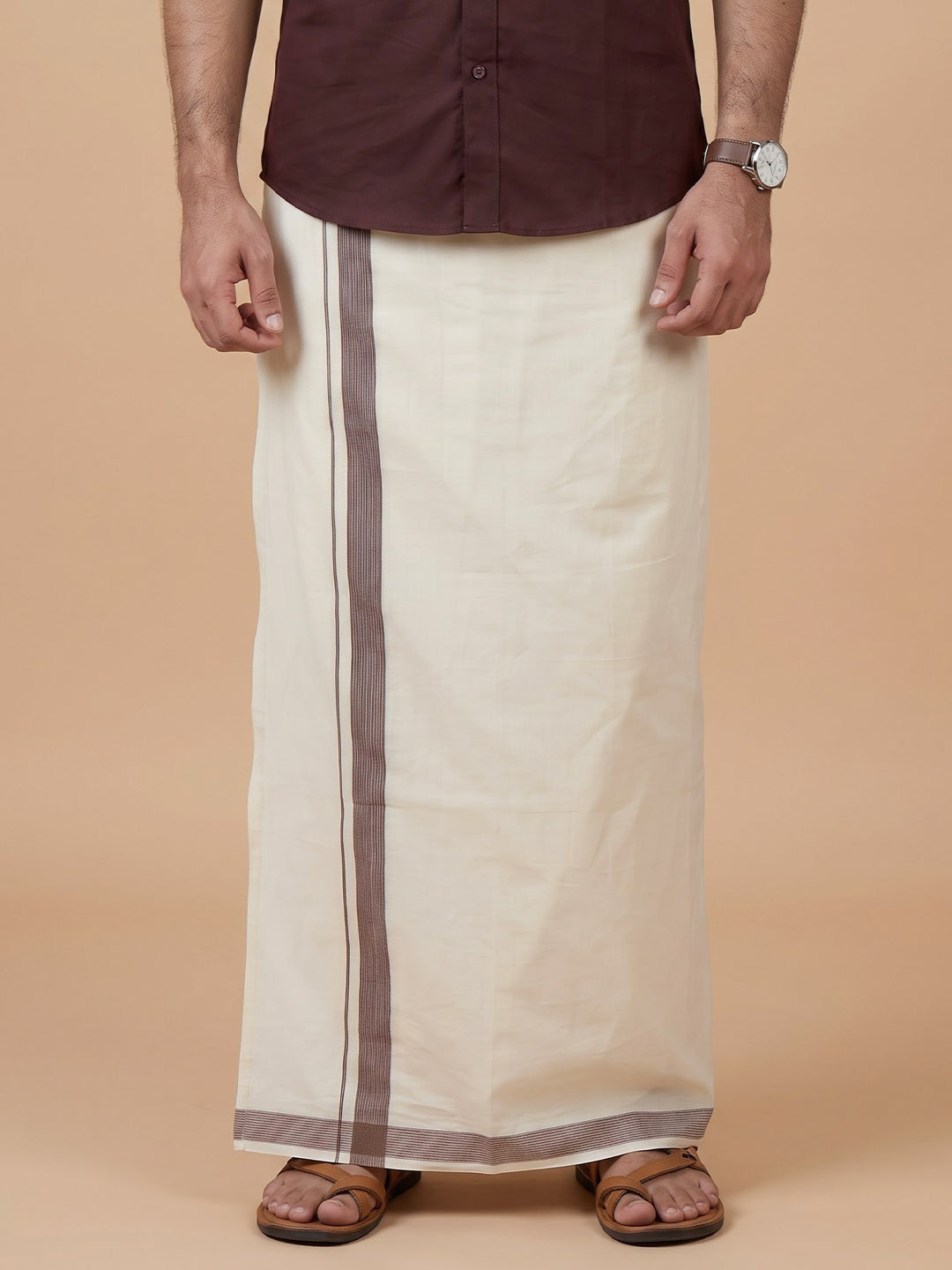 Double Layer Giza Cotton Cream Kora Dhoti with Colour Jari Border - LC54