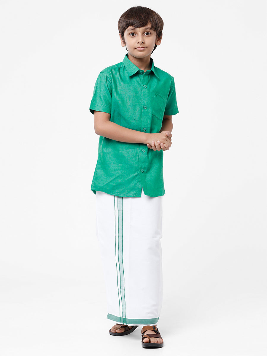 Matching Shirt and Dhoti Set with Saree Family Combo Green-Kid front view