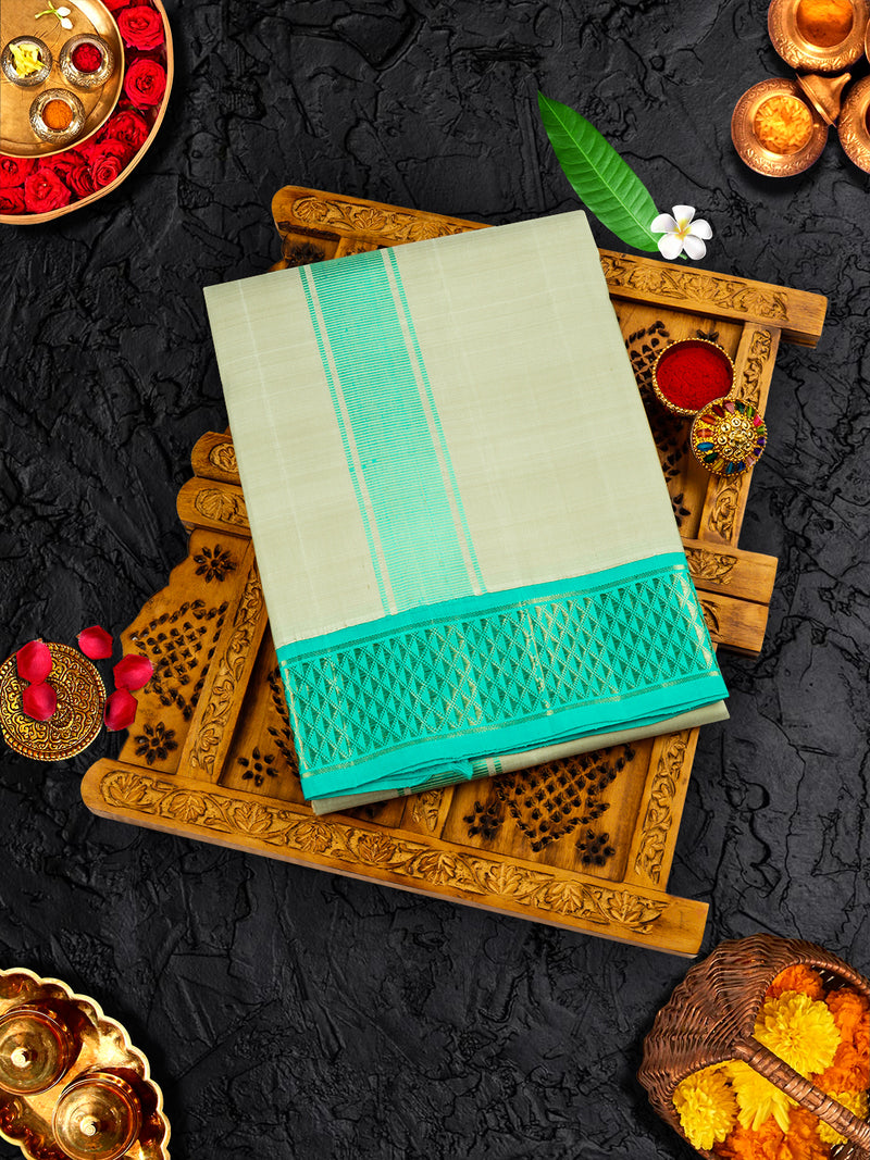 Premium Pure Silk Cream Dhoti With Angavastram 3" Blue Korvai Jari Border Agarshanaa