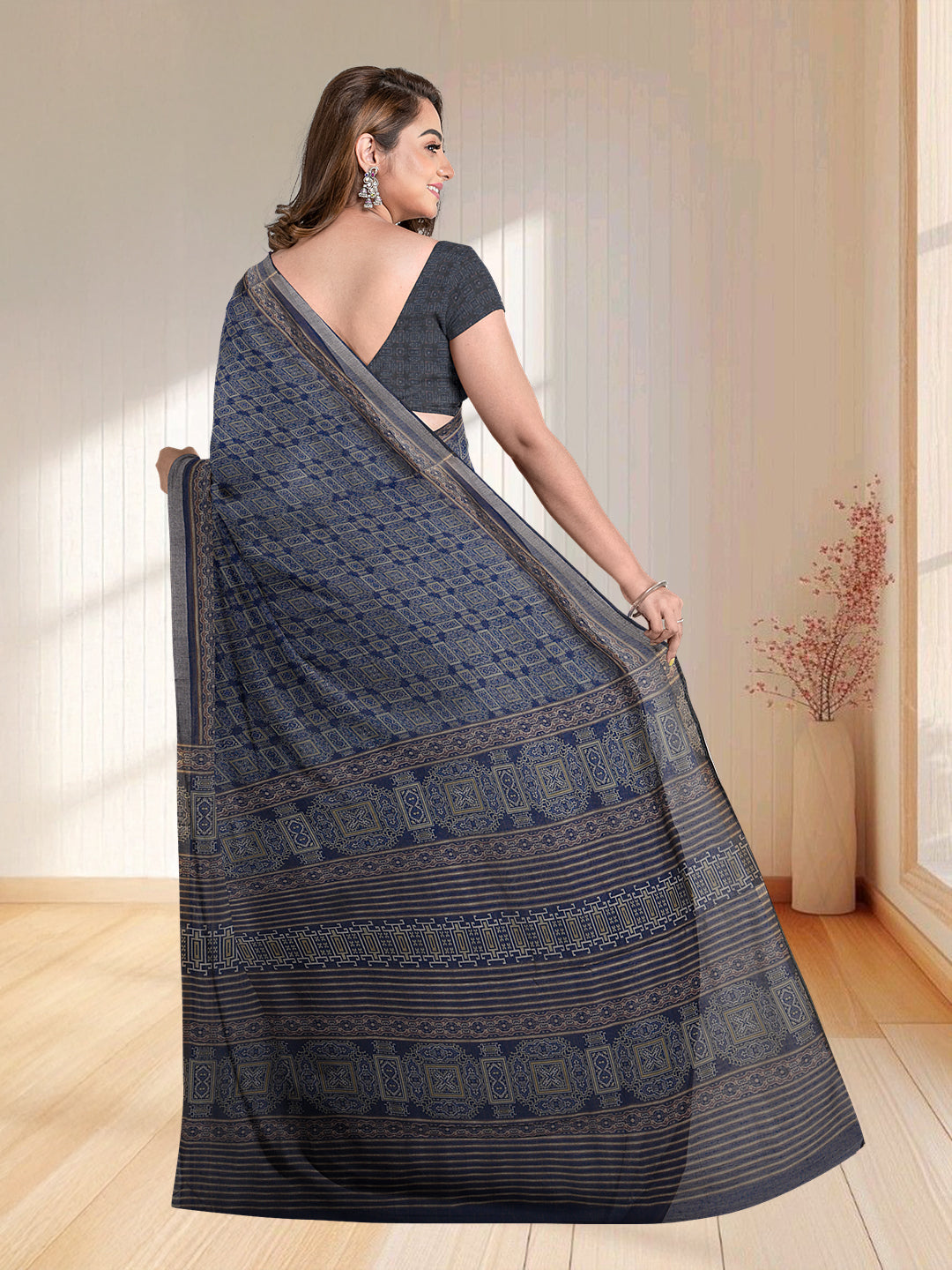 Women Blue Semi Chanderi Cotton Printed Saree SC60