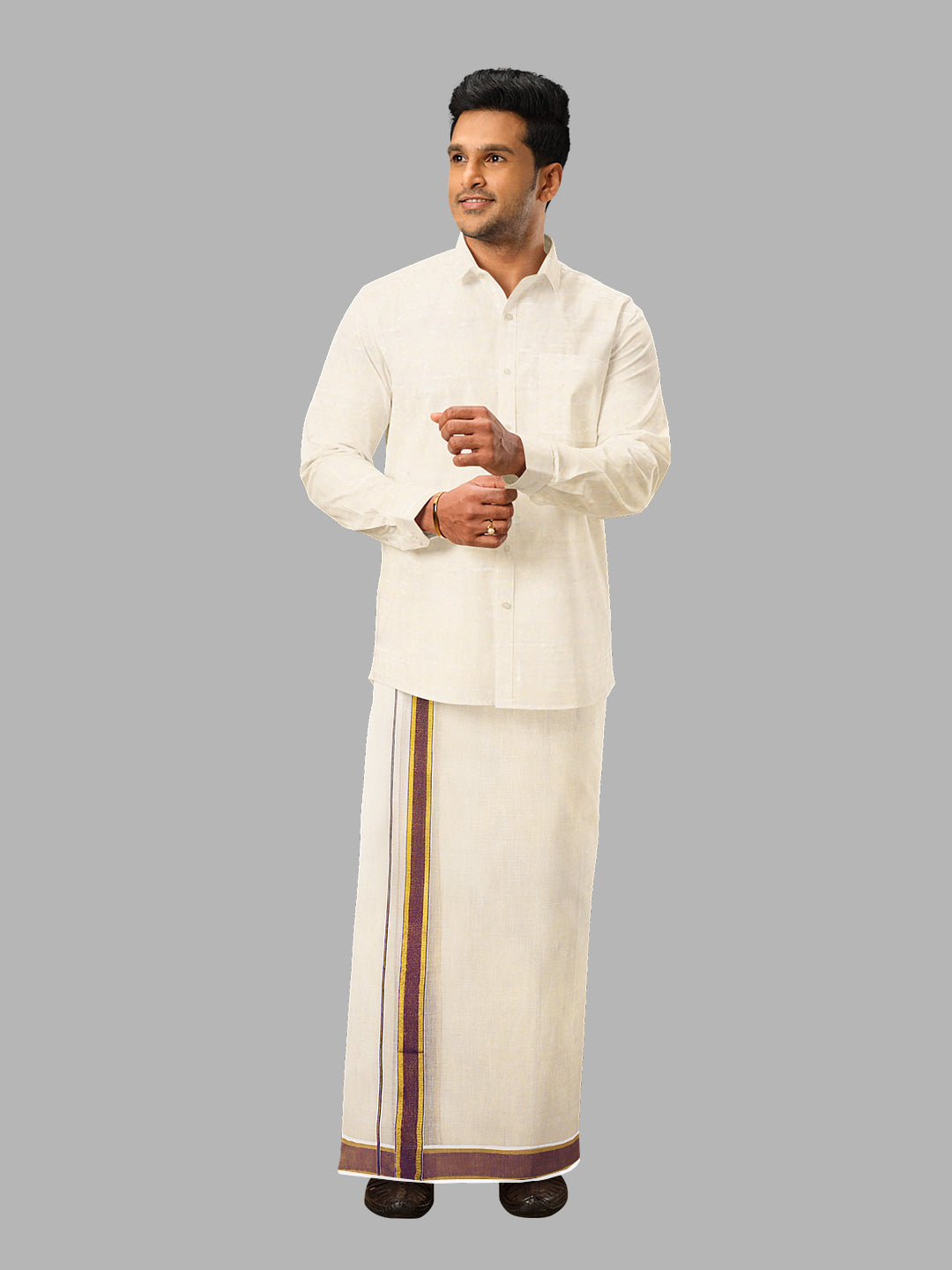 Men Tissue Single Layer Gold Dhoti with Fancy Jari Border