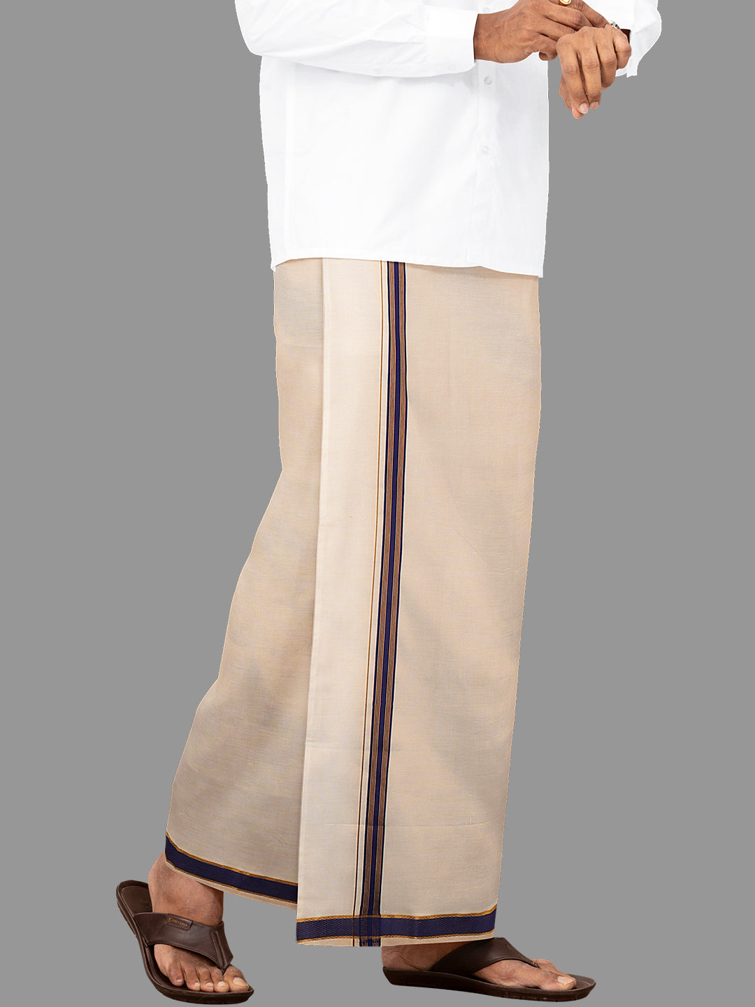 Men Tissue Adjustable Pocket Dhoti Blue Fancy Jari Border