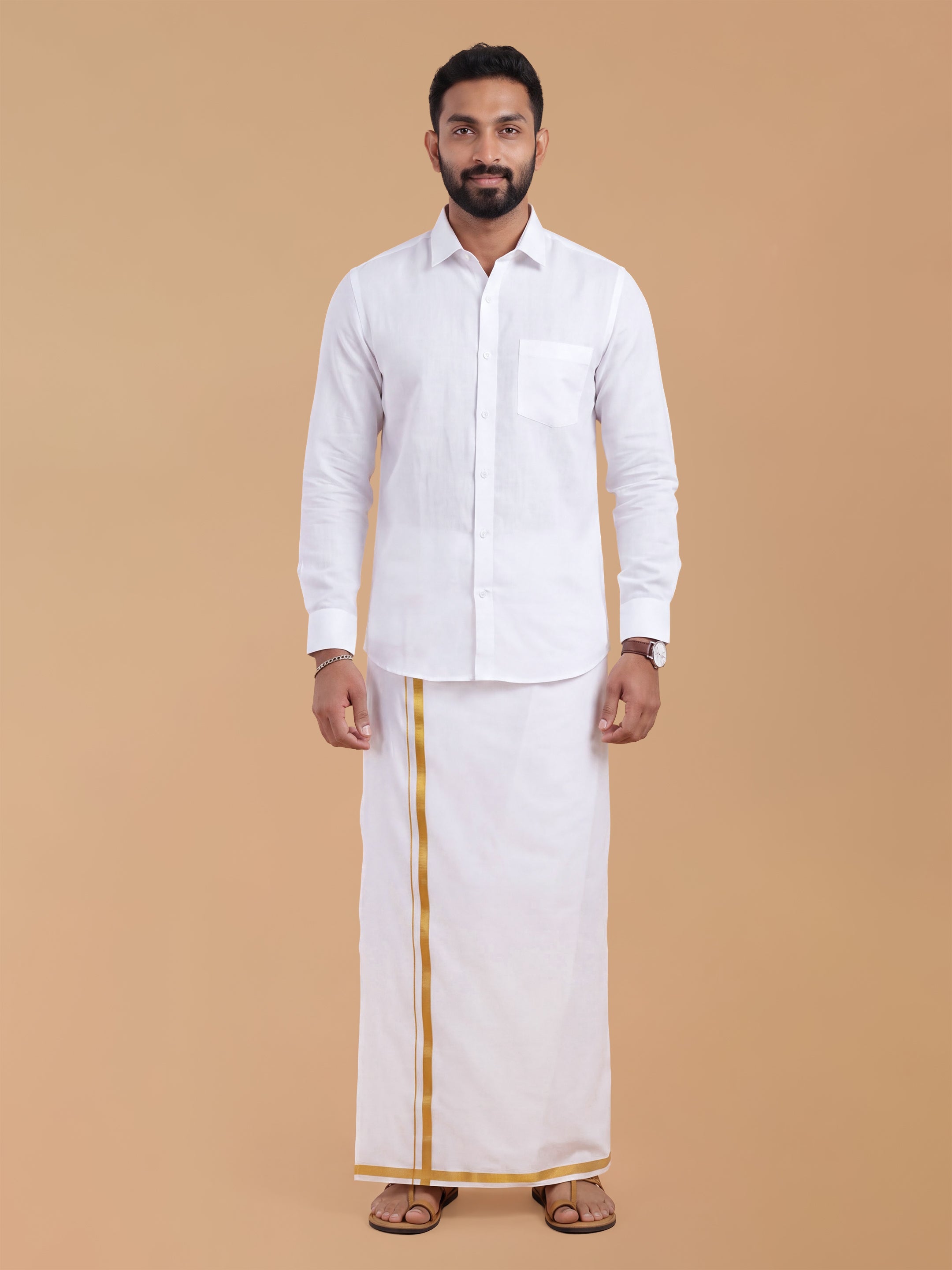 Double Layer 100% Cotton White Dhoti with 3/4 inch Gold Jari Border - Cherry 3.80m
