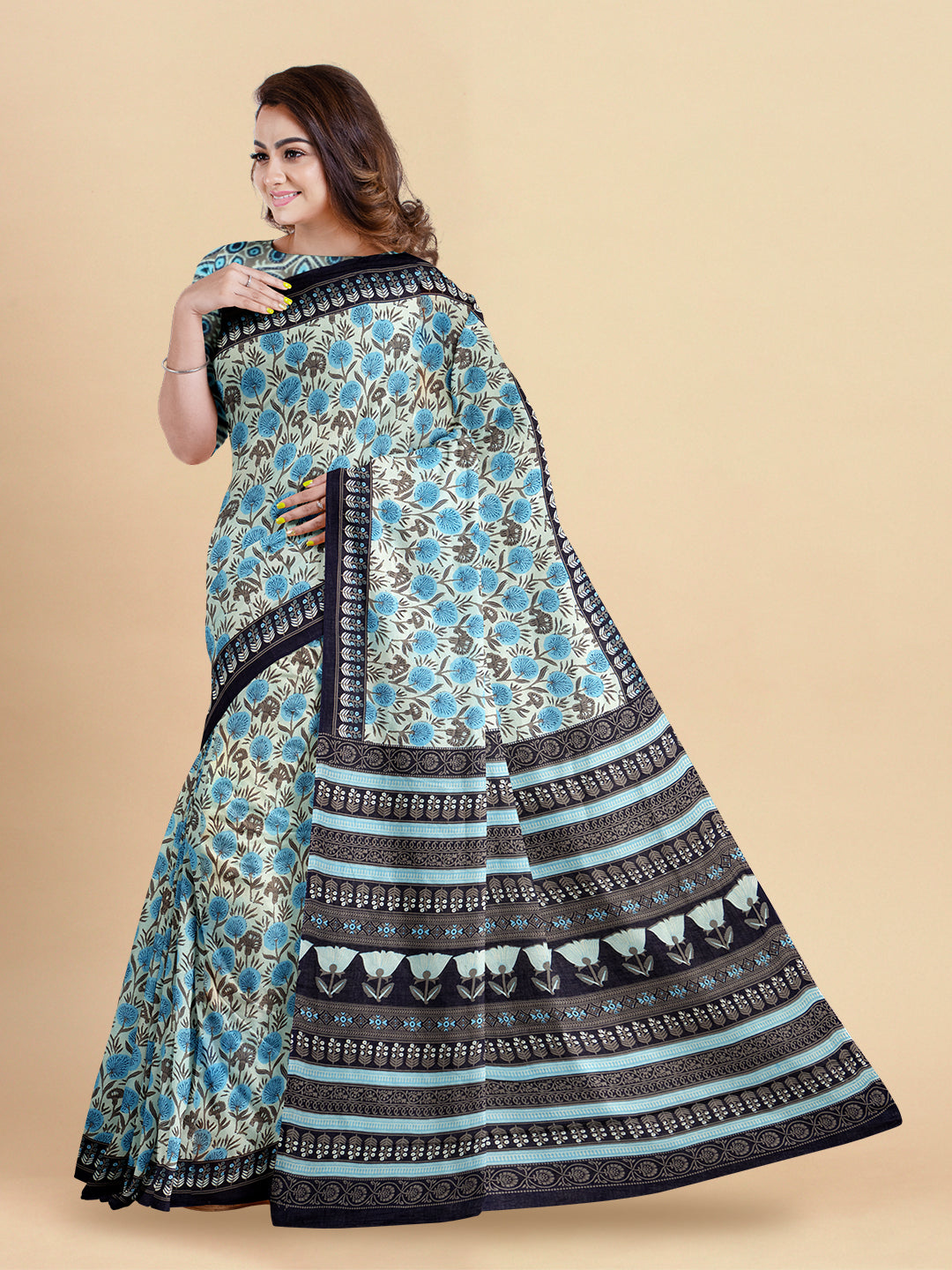 Womens Pure Cotton All over Printed Navy with Blue Colour Border Saree PCS11