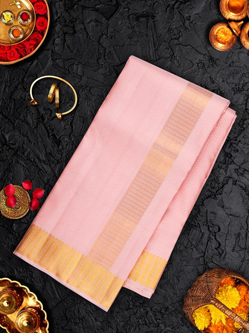 Premium Pure Silk Embossed Pink Dhoti With Angavastram 3 1/2" Gold Jari Border Agarshanaa