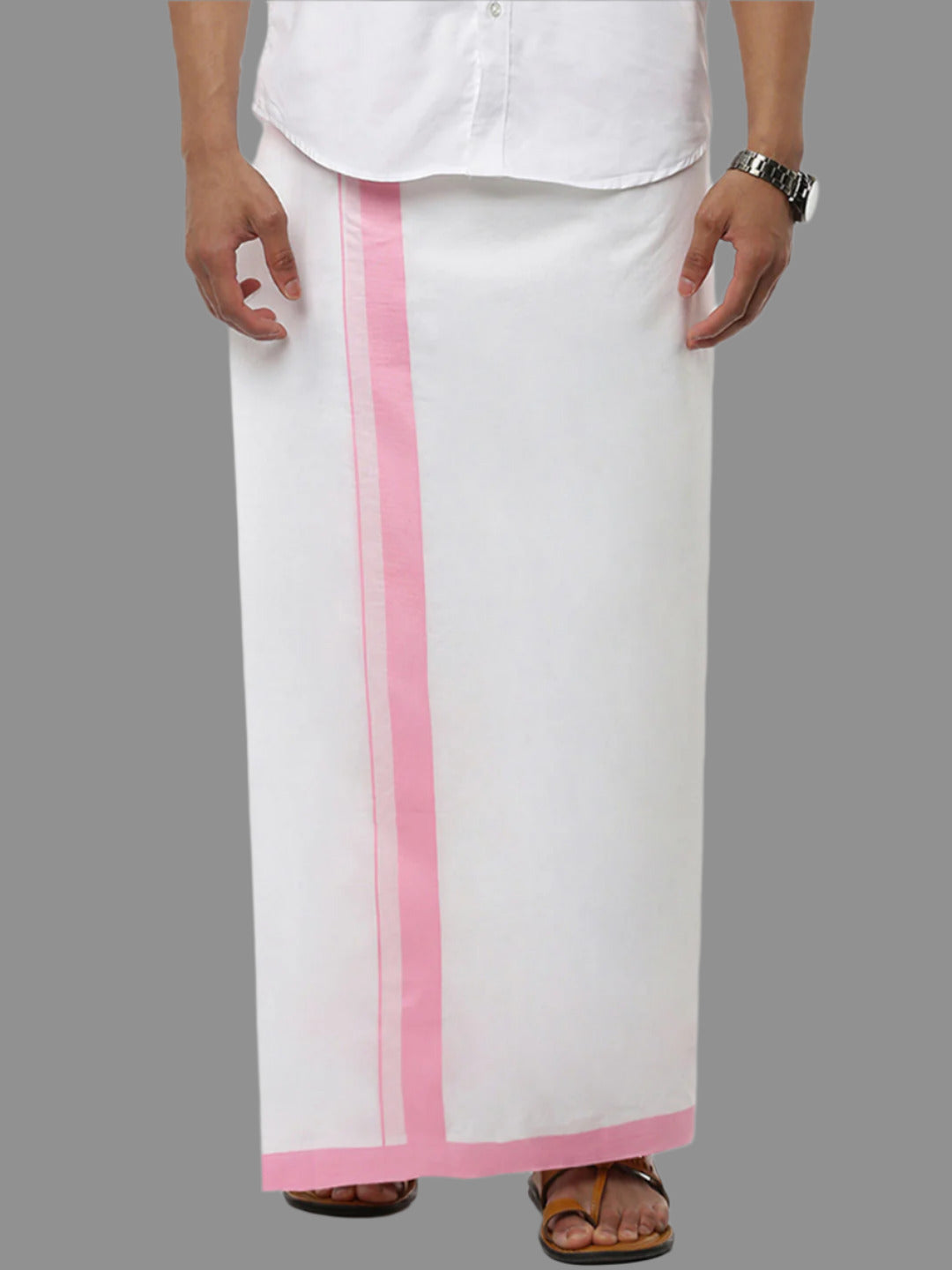 Men Light Pink Fancy Border Double Layer Dhoti White Manali