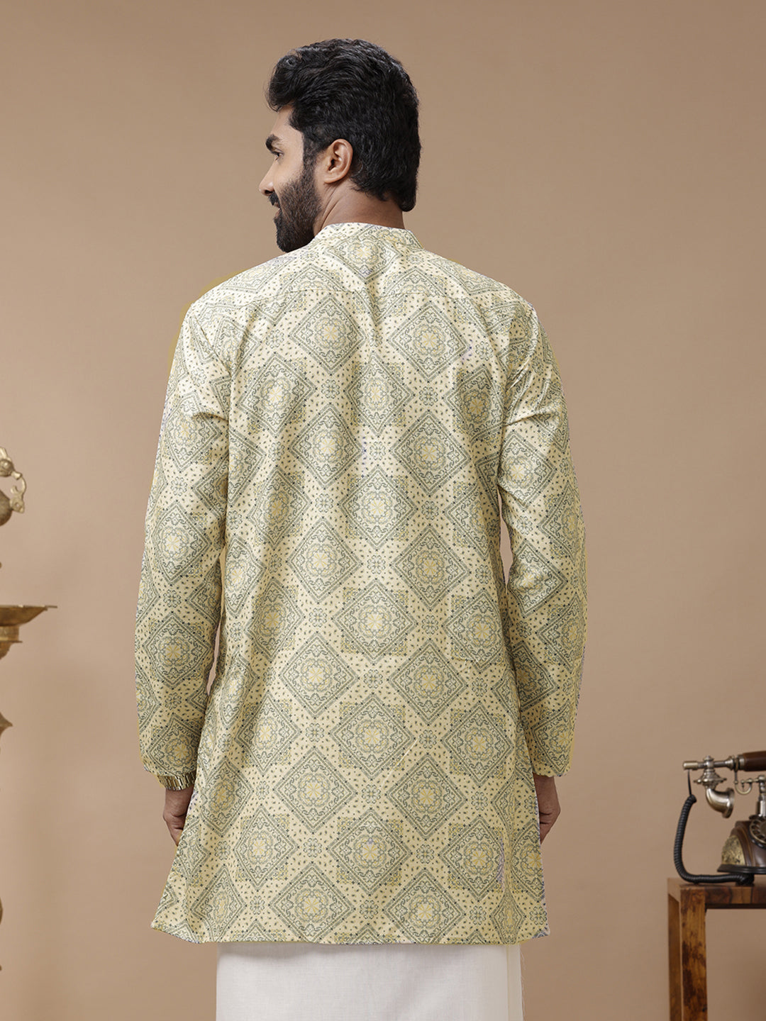 Men Cotton Medium Length Printed Pocket Kurta Yellow RE4