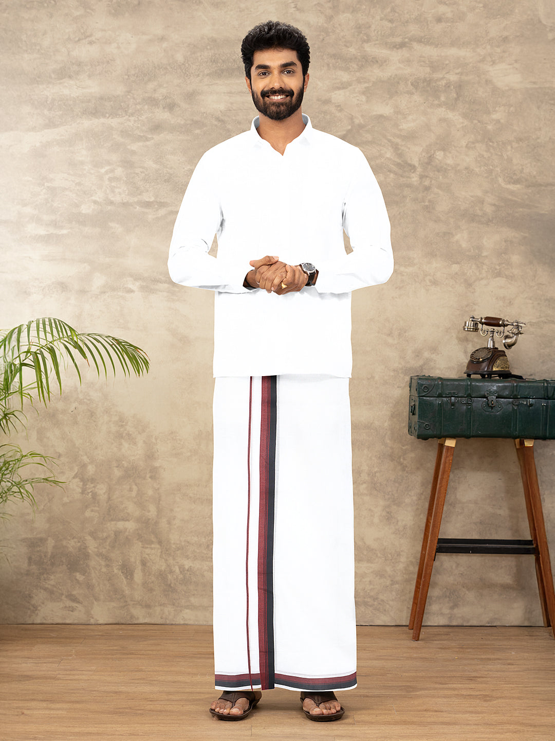 Men 100% Cotton Double Layer White Dhoti with Fancy Border EF02