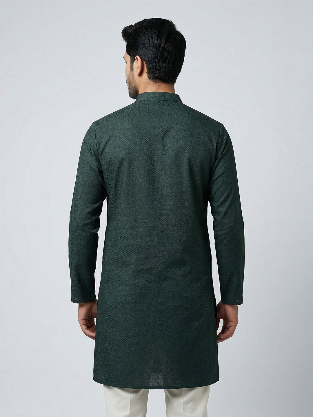 Cotton Medium Length Printed Pocket Kurta Bottle Green MHJ8