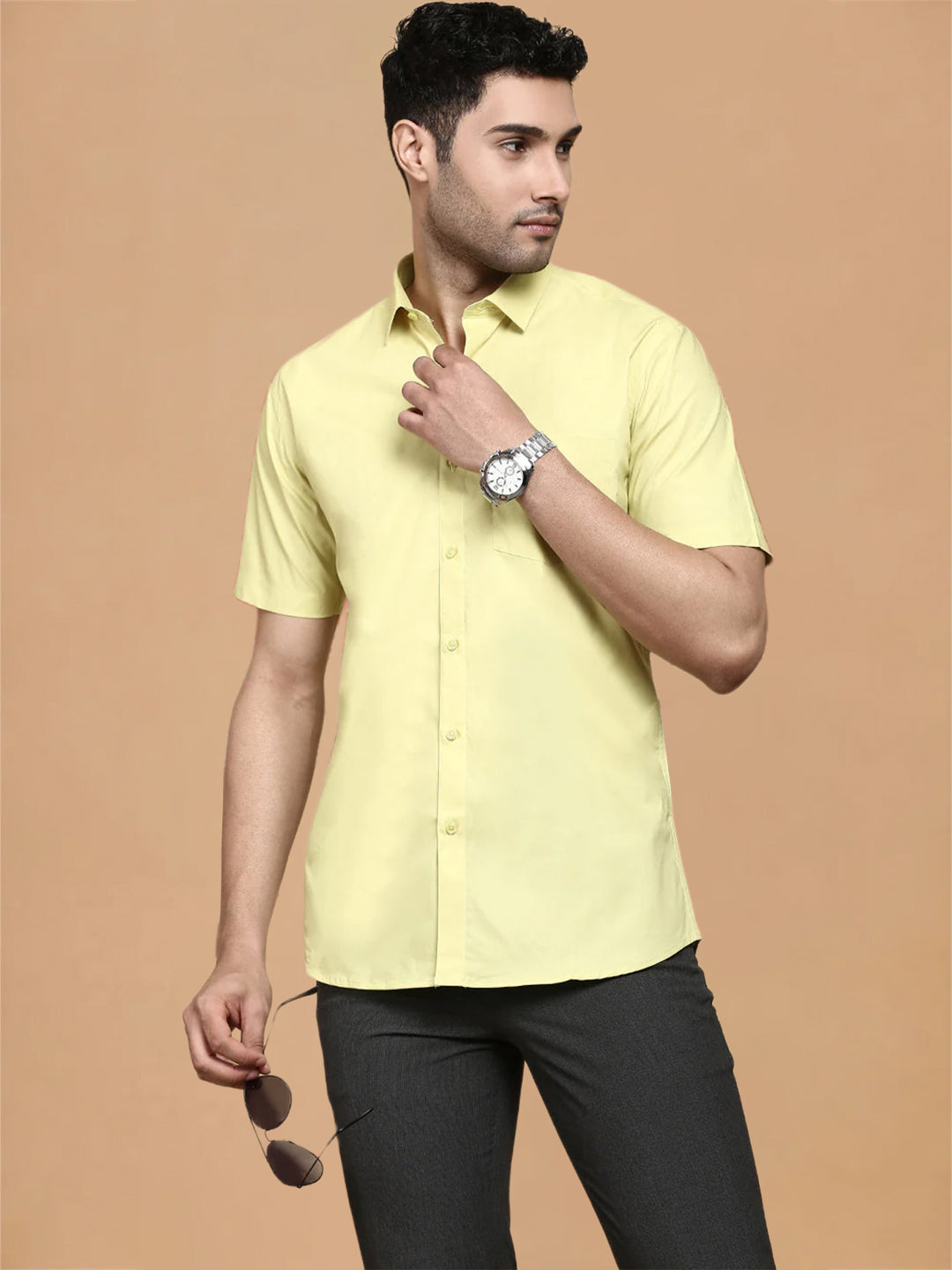 Cotton Spandex Yellow 2 Way Stretch Smart Fit Shirt LY3