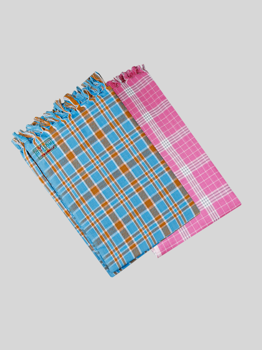 Cotton Colour Checked Bath Towel ( Pack Of 2 )-Blue &Pink
