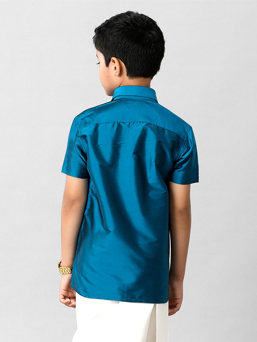 Boys Silk Cotton Light Blue Half Sleeves Shirt K1-Back view