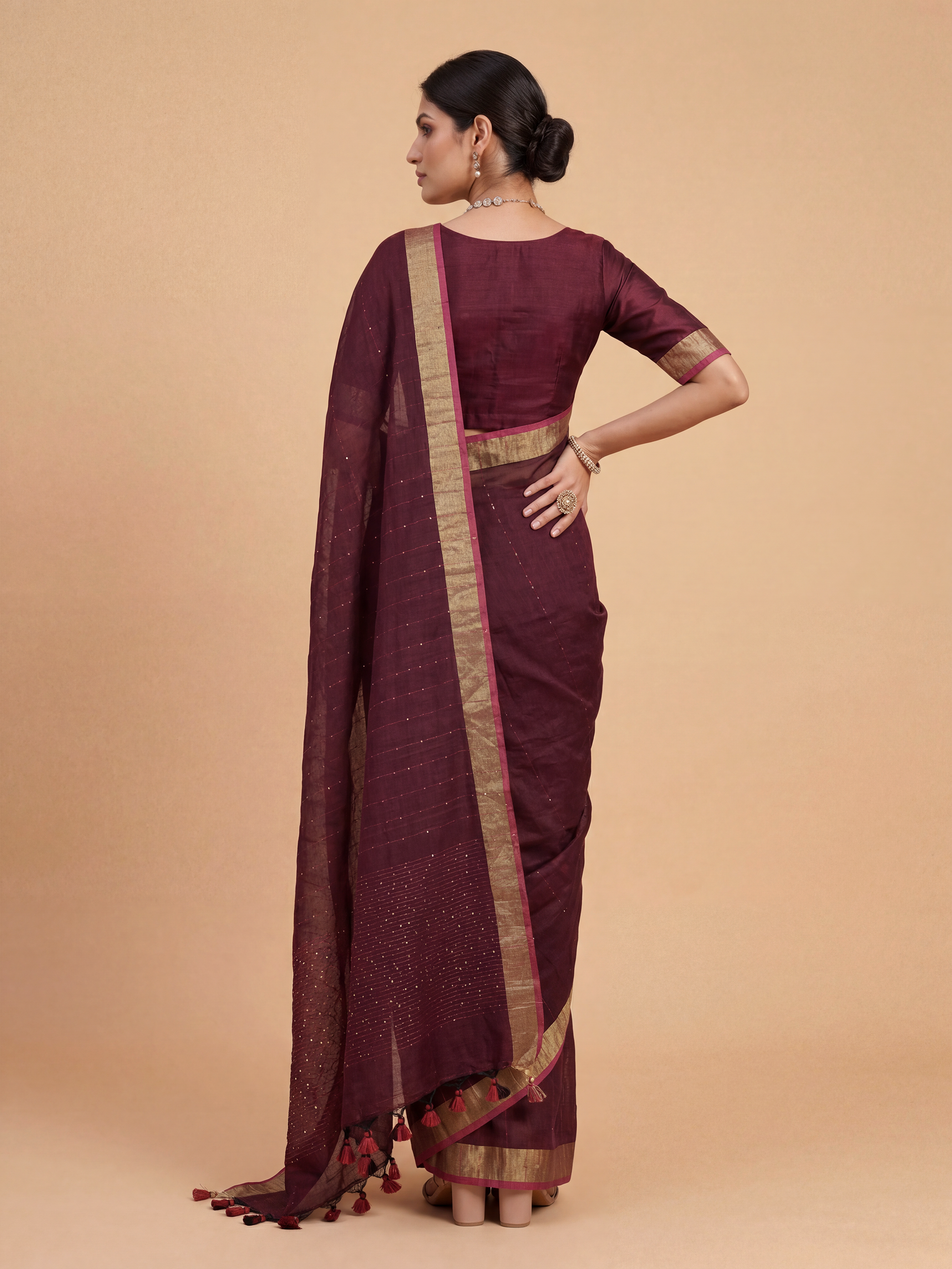 Women Semi Linen Dark Violet Saree SL253