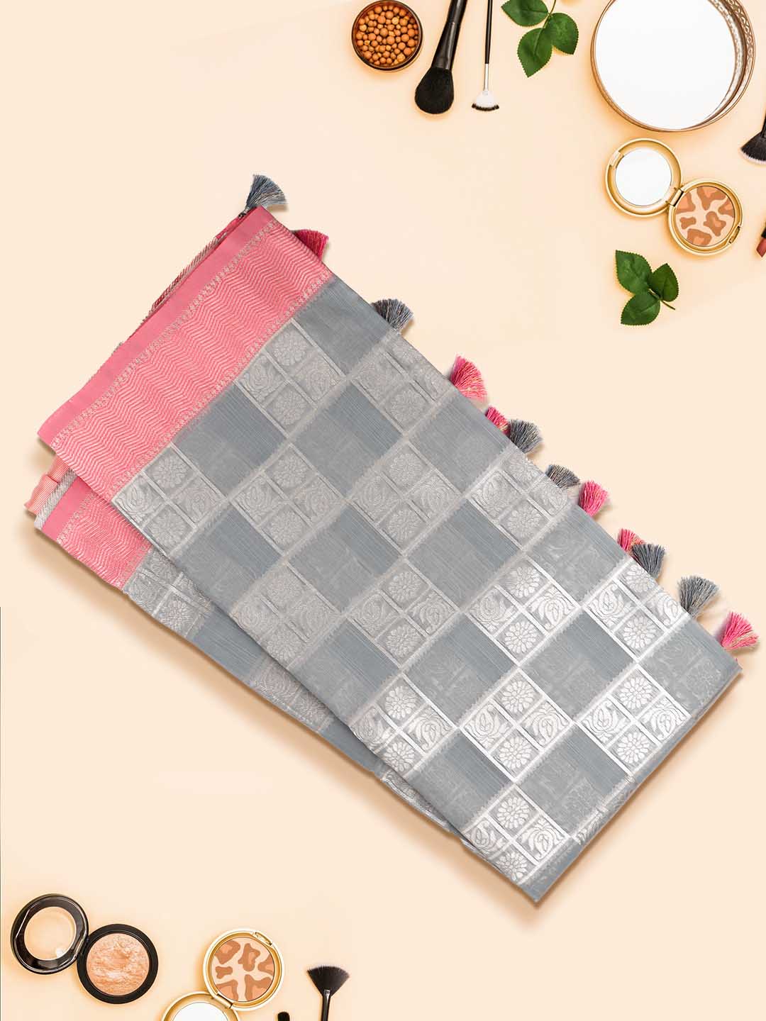 Womens Semi Cotton Grey & Pink Saree with Tussle SCS36-View one