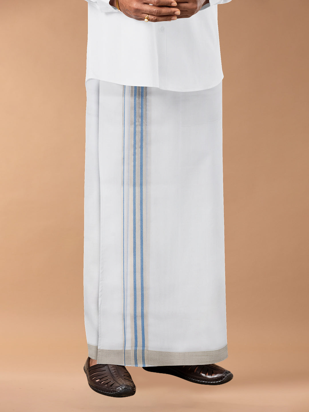 Mens Premium Handloom Dhoti Blue with Silver Jari Border HLM02