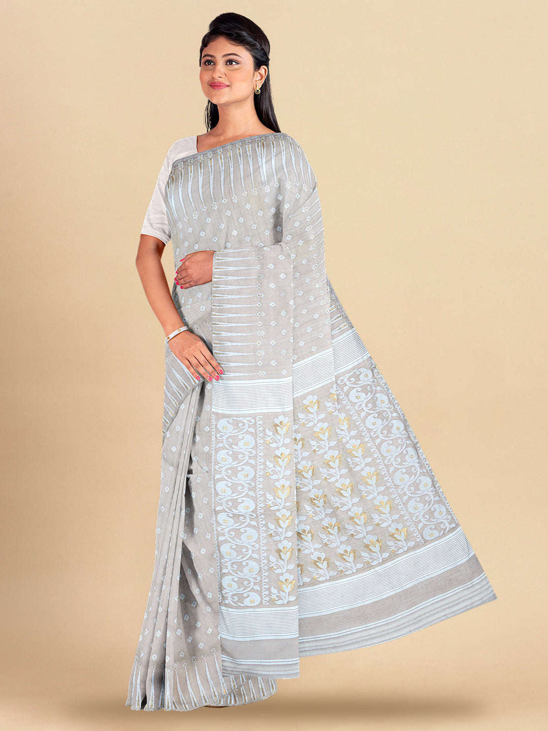 Womens Gorgeous Brown Self Designed Pure Cotton Weaving Saree PCS34