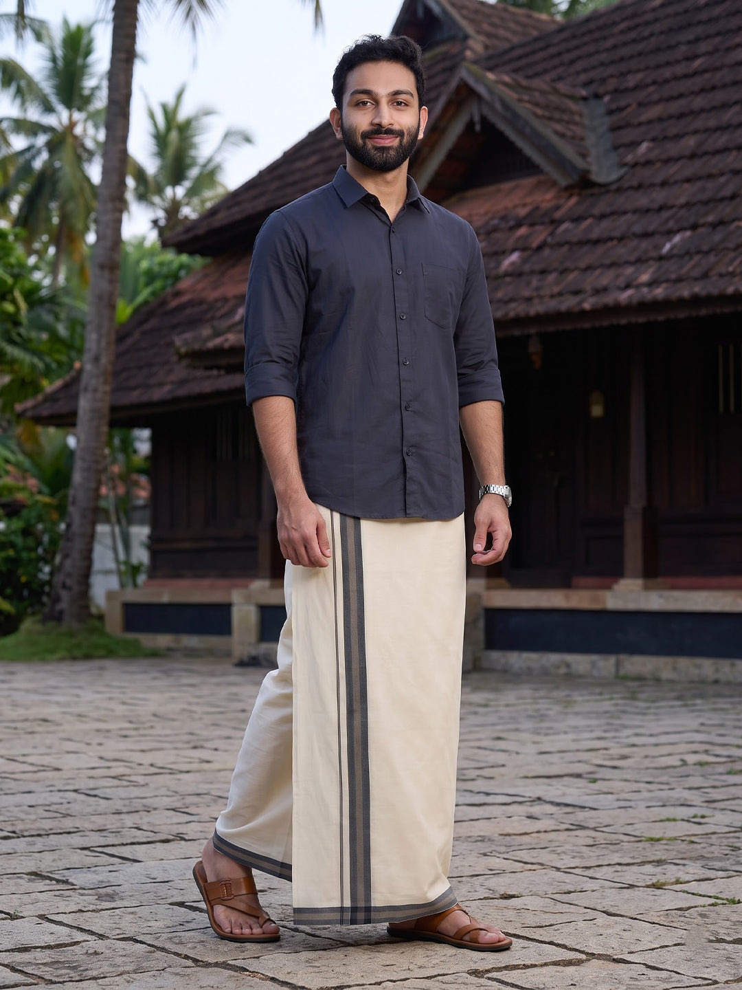 Double Layer Premium Handloom Cream Dhoti with Colour Border - HLM121