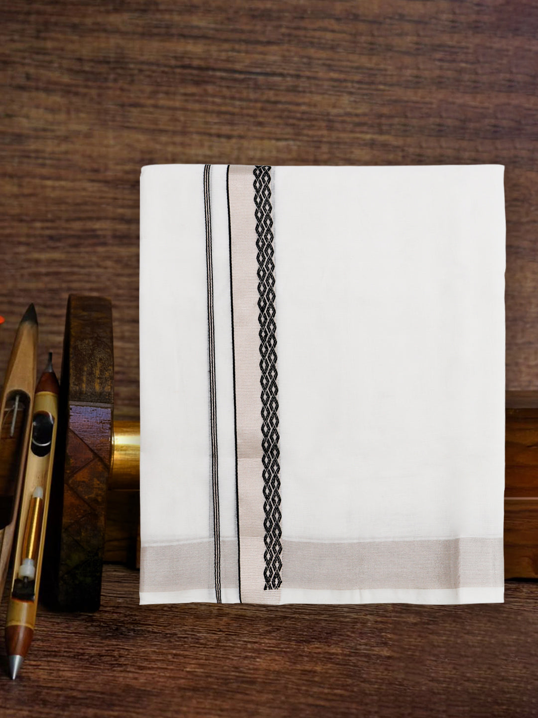 Men Premium Handloom White Dhoti with Fancy Jari Border HLM107