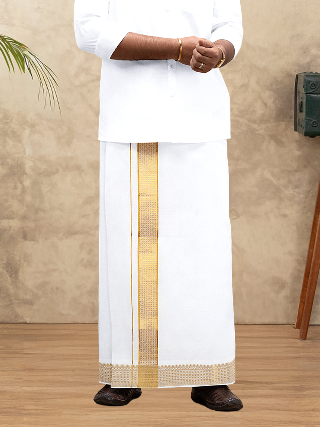 Men 100% Cotton Single Layer White Dhoti with Gold Jari Border Aura 366