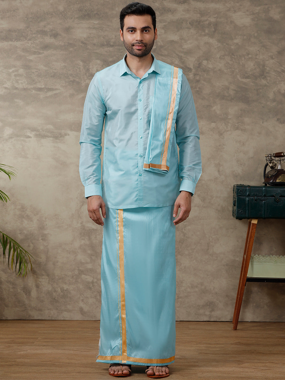 Mens Art Silk Blue Shirt & Dhoti Towel Set Swayamvara