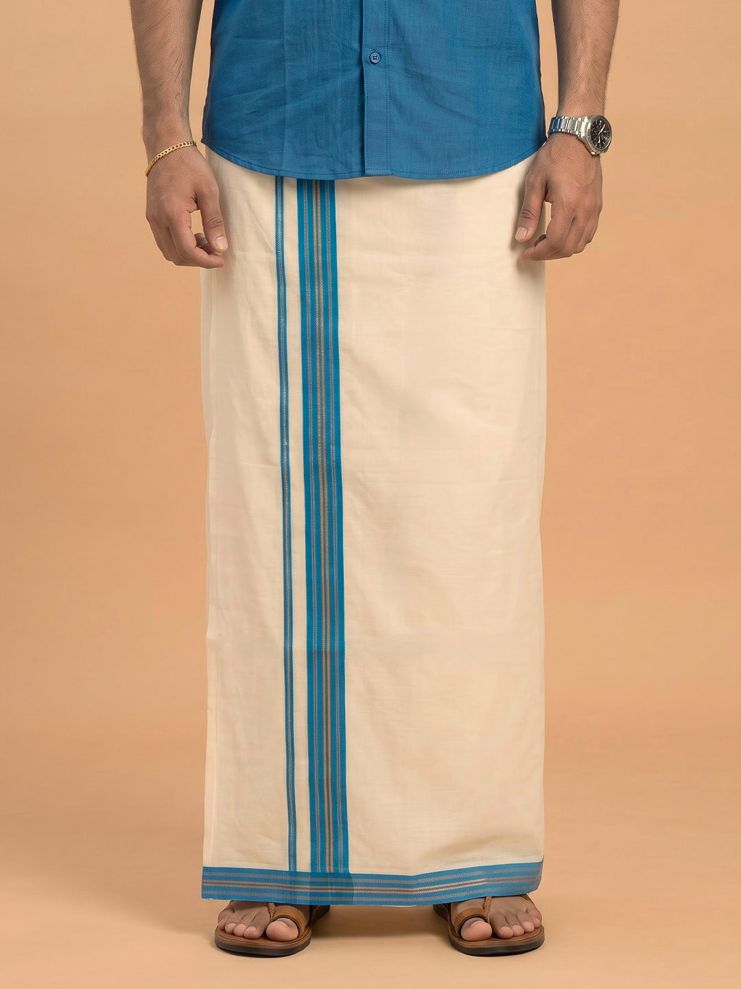Double Layer 100% Cotton Cream Kora Dhoti with Colour Jari Border - RKF01