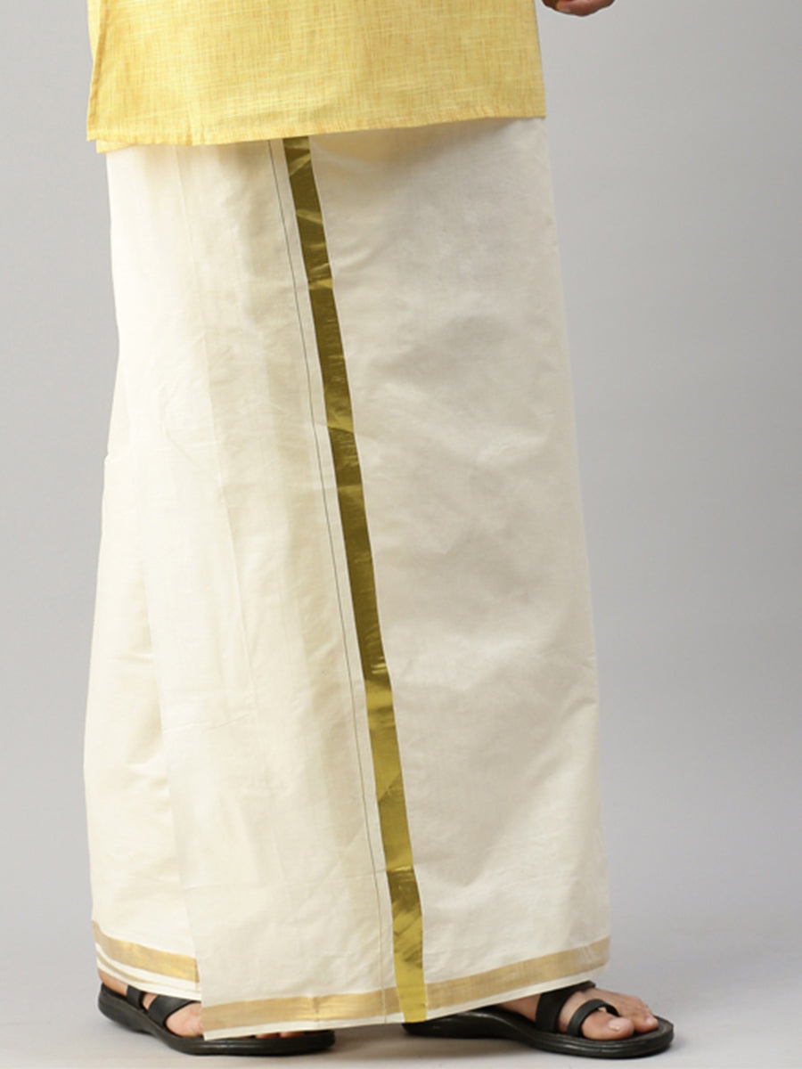 Mens 100% Cotton Cream Double Dhoti with 1" gold Jari Border Woven Gold-Bottom view